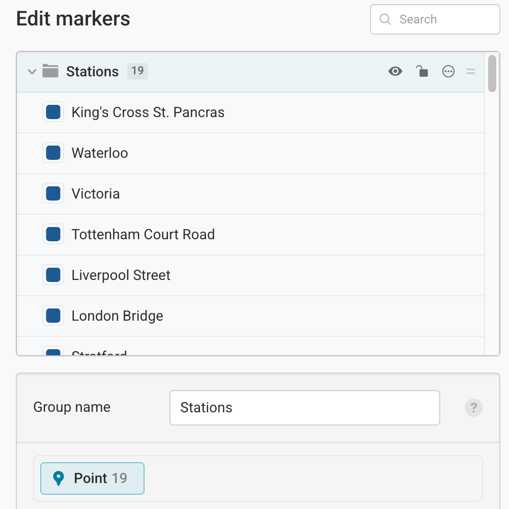Use <strong>groups</strong> to structure related markers, and quickly edit or move them.