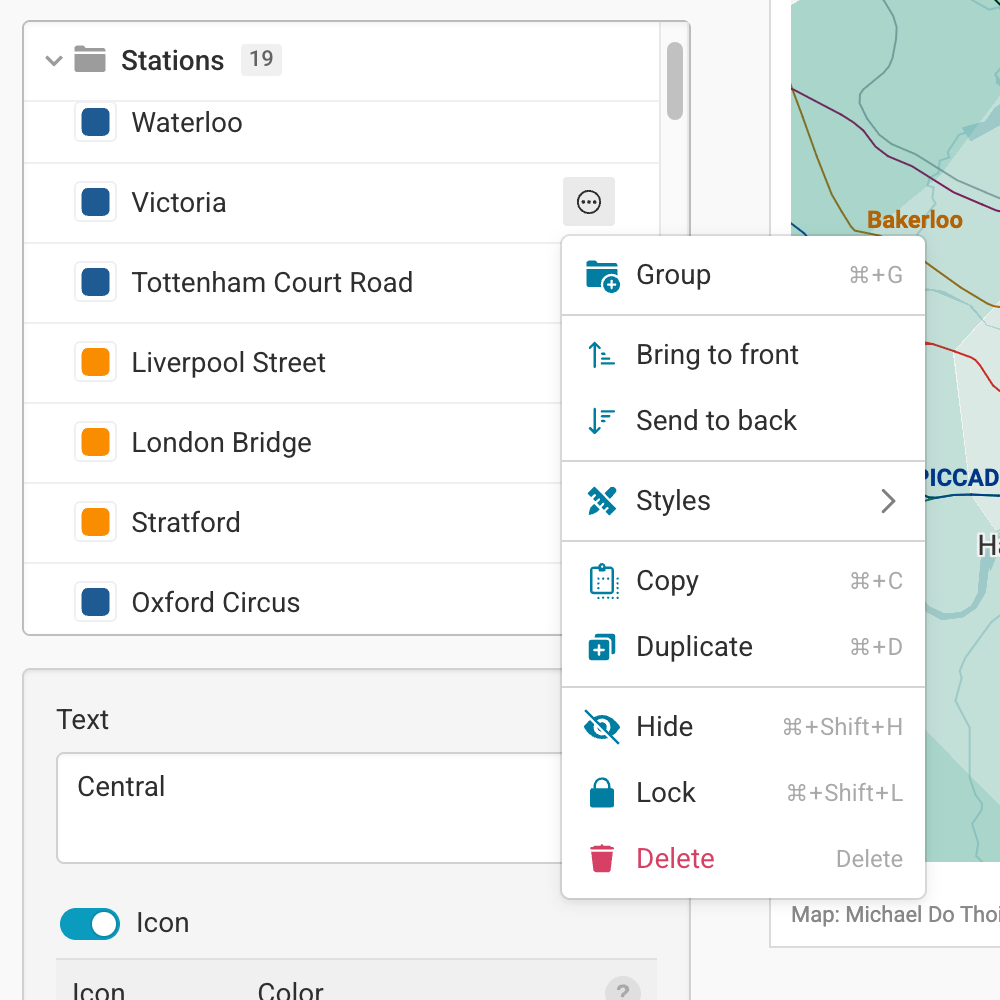 <strong><span>Quick actions</span></strong> in the marker let you group, duplicate, or delete them quickly