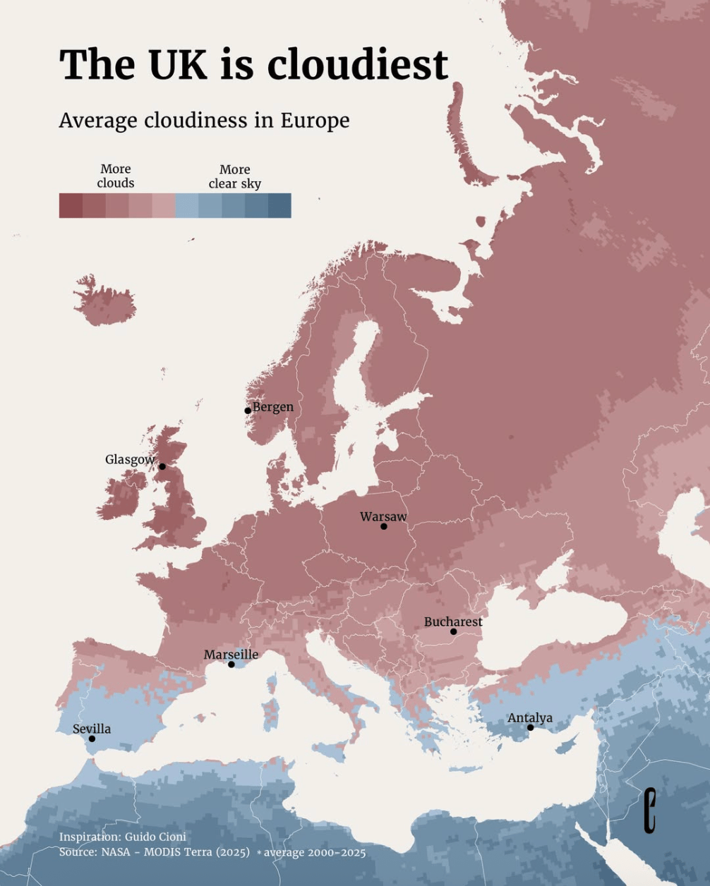 The European Correspondent: "Turns out the stereotype is true, the cloudiest spots in Europe are in the UK. But if you look beyond land, the real champion of cloudy skies lies somewhere over the the Atlantic, somewhere between northern Norway and Greenland," October 21 (<a href="https://www.instagram.com/p/DQEMKMHks9a/"><strong>Instagram post</strong></a>)
