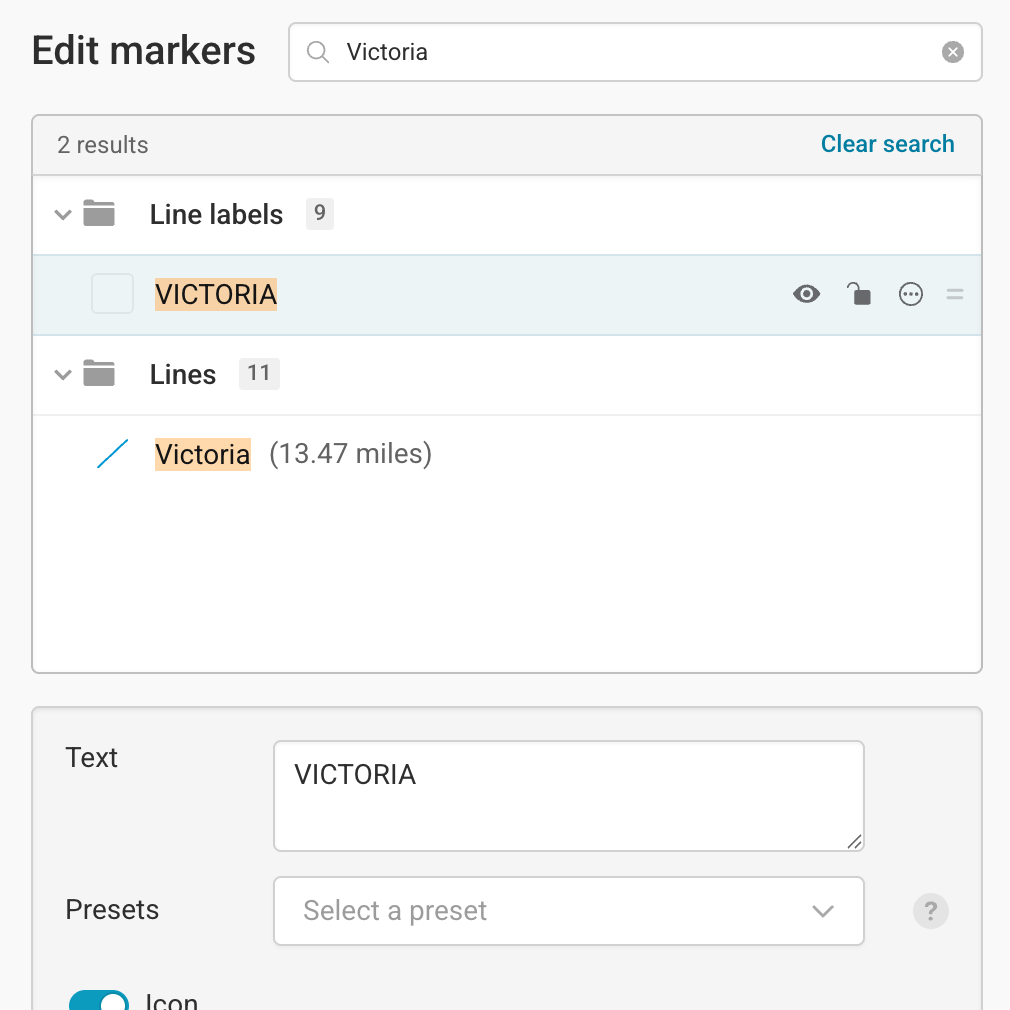 <strong><span>Search</span></strong> to jump to any marker instantly, even with big maps