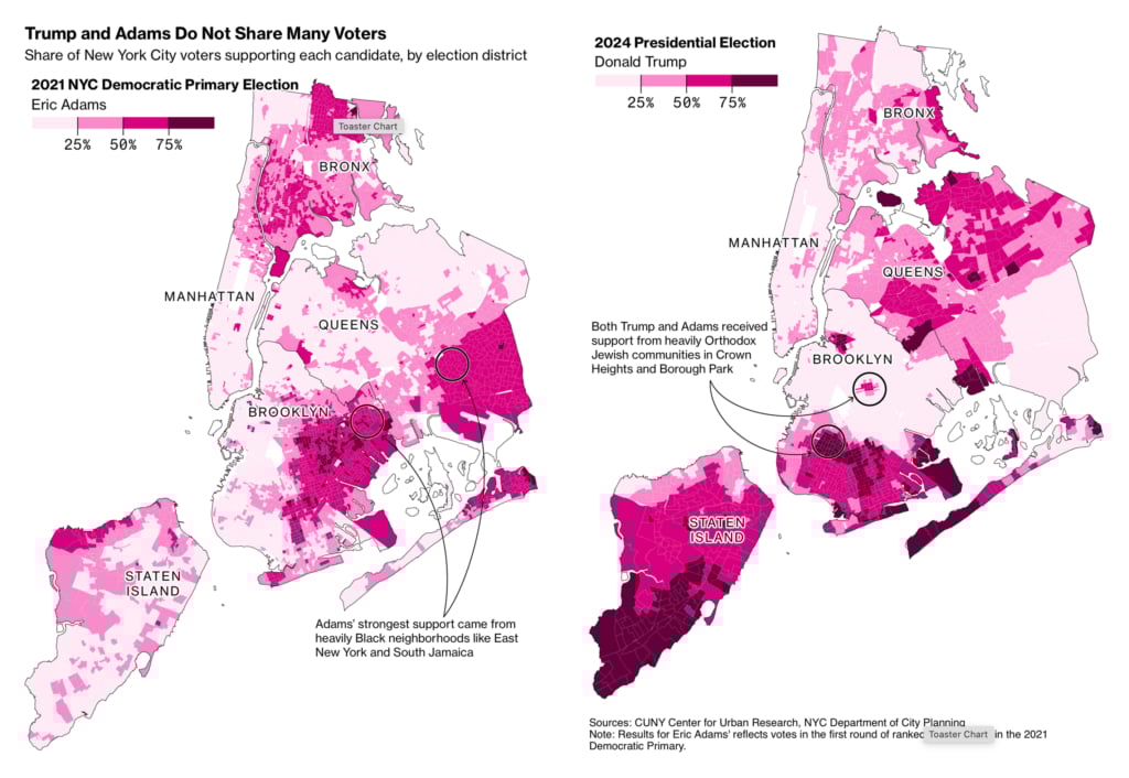 Bloomberg: <strong><a href="https://www.bloomberg.com/news/articles/2025-02-13/nyc-mayor-eric-adams-fealty-to-trump-risks-wrecking-democrat-support?utm_content=graphics&amp;utm_medium=social&amp;utm_source=twitter">NYC Mayor Eric Adams’ Fealty to Trump Threatens to Wreck Democrat Support</a></strong>, February 13