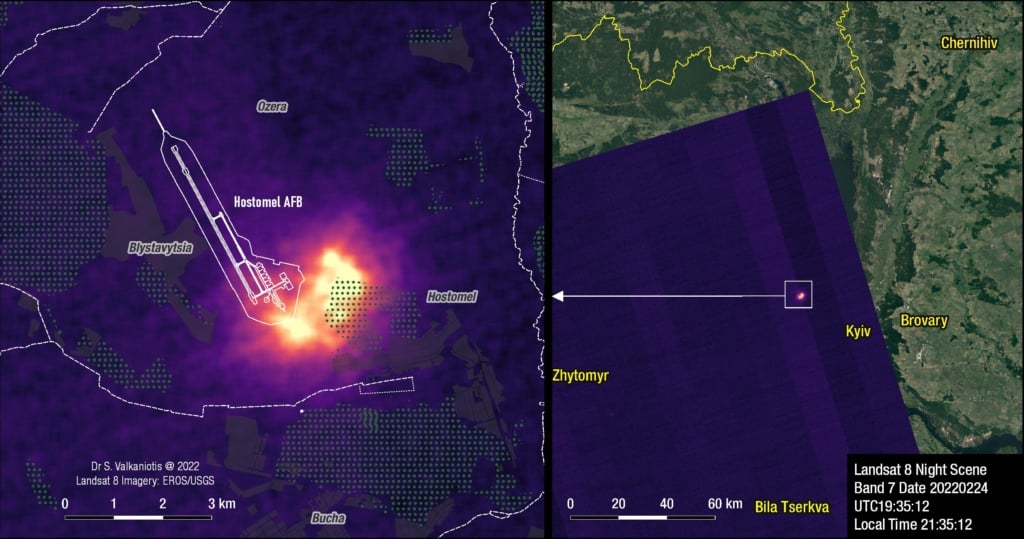 Sotiris Valkaniotis: "Night #Landsat scene (Feb 24 21:35 local time) captures the battle for #Hostomel Air Base west of Kyiv #Ukraine. Despite darkness and cloud cover, SWIR band 7 marks a distinct hotspot around the SE part of the airport," February 25 (<a href="https://twitter.com/SotisValkan/status/1497238000085962752"><strong>Tweet</strong></a>)