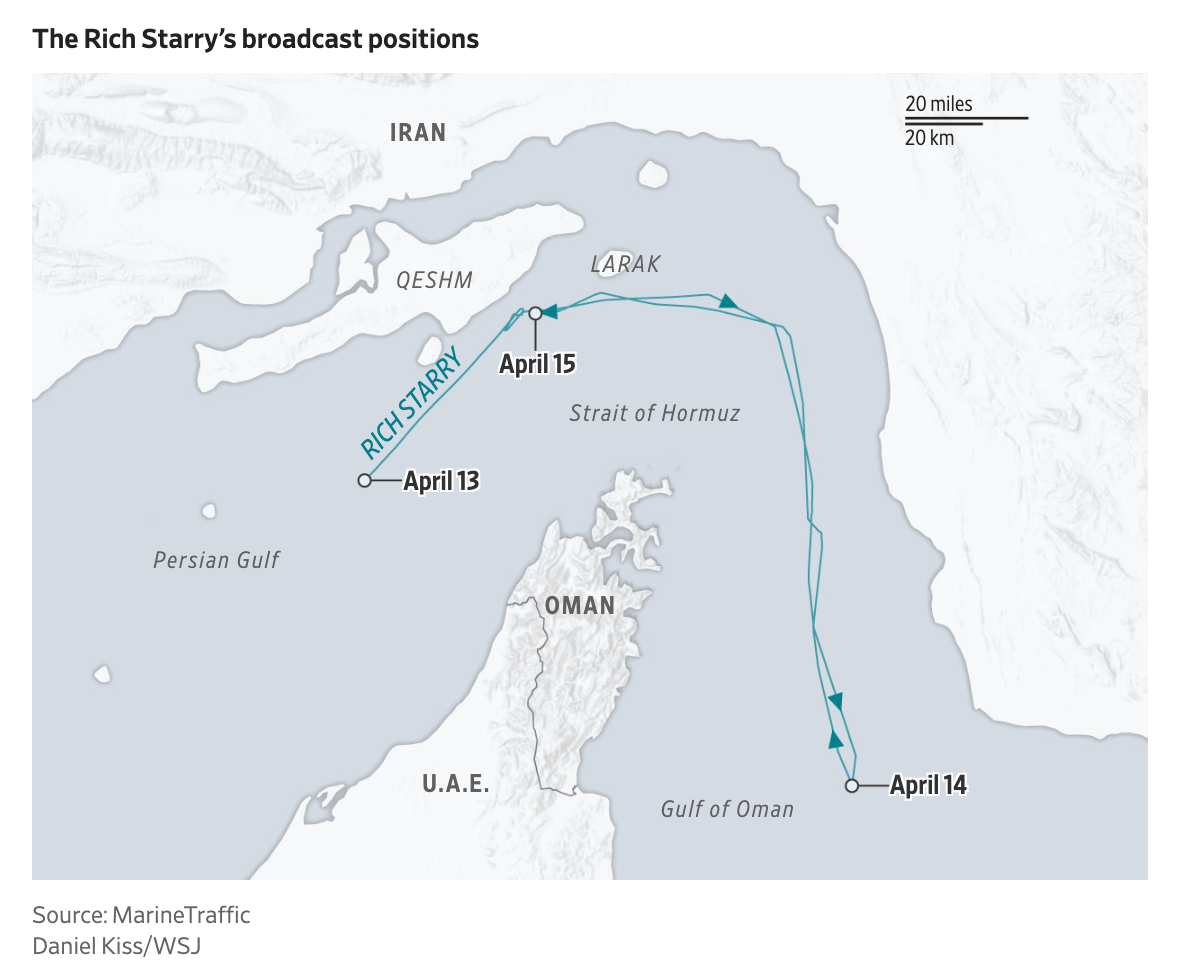 The Wall Street Journal: <a href="https://www.wsj.com/world/middle-east/irans-shadow-fleet-meets-its-match-in-u-s-blockade-8533f23b?mod=e2twg"><strong>Iran’s Shadow Fleet Meets Its Match in U.S. Blockade</strong></a>, April 15
