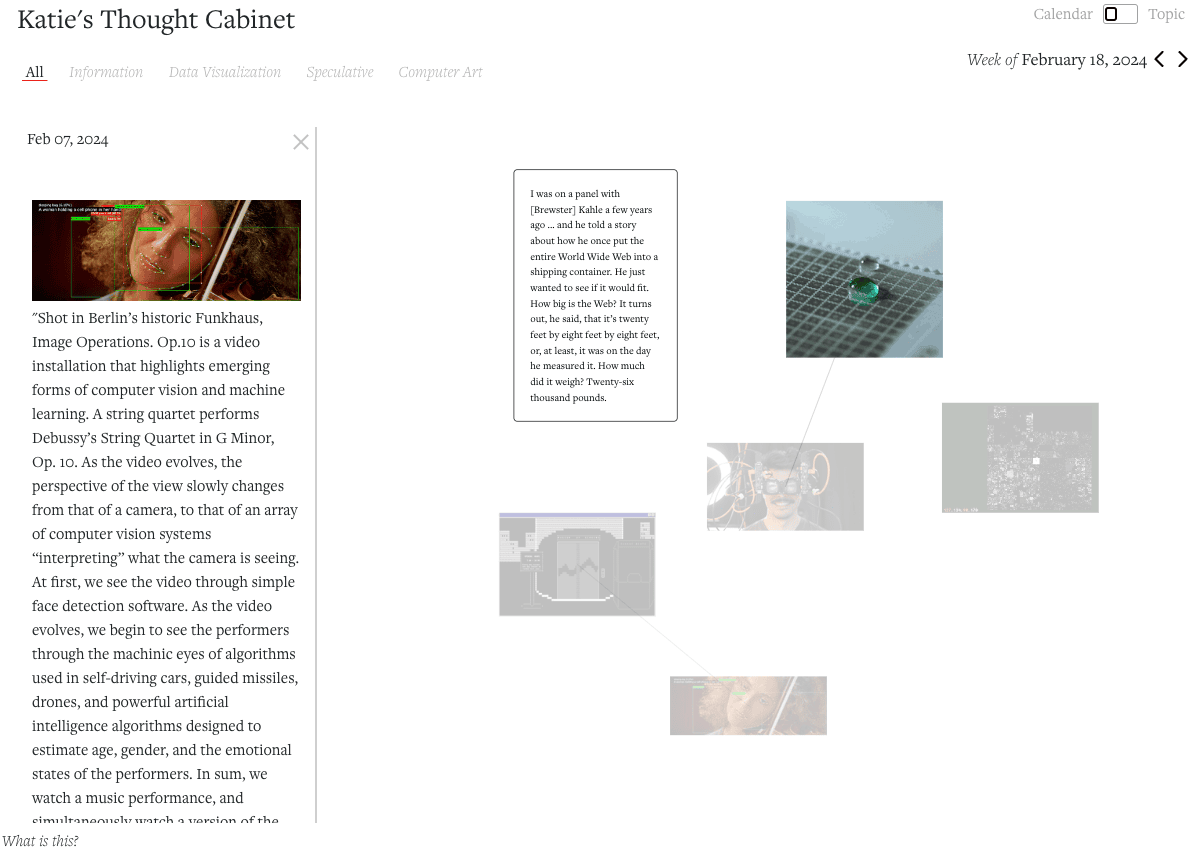 Katie Watson: "Built myself a little “thought cabinet” to collect images, text, and other inspiration. The default view organizes everything chronologically by week, using a d3 force layout. It’s been helpful for tracing the flow of ideas and what I’m paying attention to," November 18 (<strong><a href="https://bsky.app/profile/kwats.bsky.social/post/3lb6qqr3yy22o">Bluesky</a></strong>)