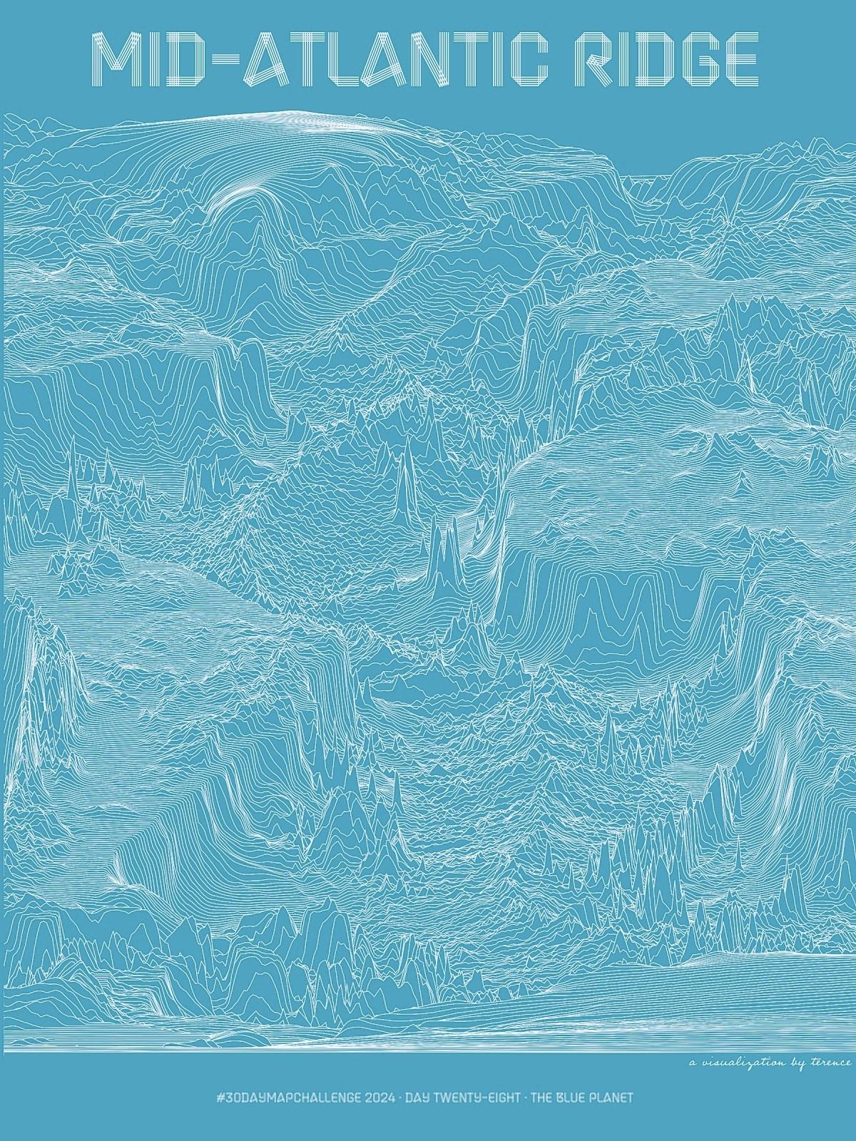 Terence: "Day 28 · The blue planet. I've shared the Mid-Atlantic Ridge in shaded relief. And I've shared it in hexagons. Now see it in lines. #ggplot2 adventures, an #rstats tale," November 28 (<strong><a href="https://mastodon.social/@terence@fosstodon.org/113560622523402747">Mastodon</a></strong>)