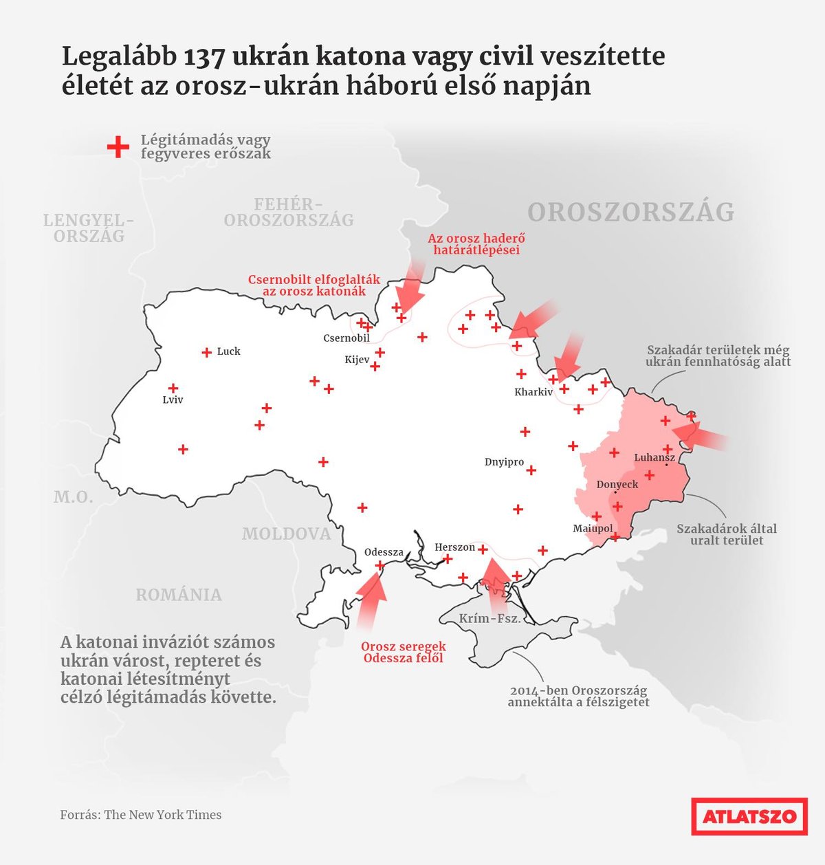 Atlatszo: "Legalább 137 ukrán katona vagy civil vesztette életét az orosz-ukrán háború első napján. A katonai inváziót számos ukrán várost, repteret és katonai létesítményt célzó légitámadás követte. Az orosz katonák a csernobili atomerőművet is elfoglalták," February 25 (<a href="https://twitter.com/Atlatszo/status/1497155661792268289"><strong>Tweet</strong></a>)