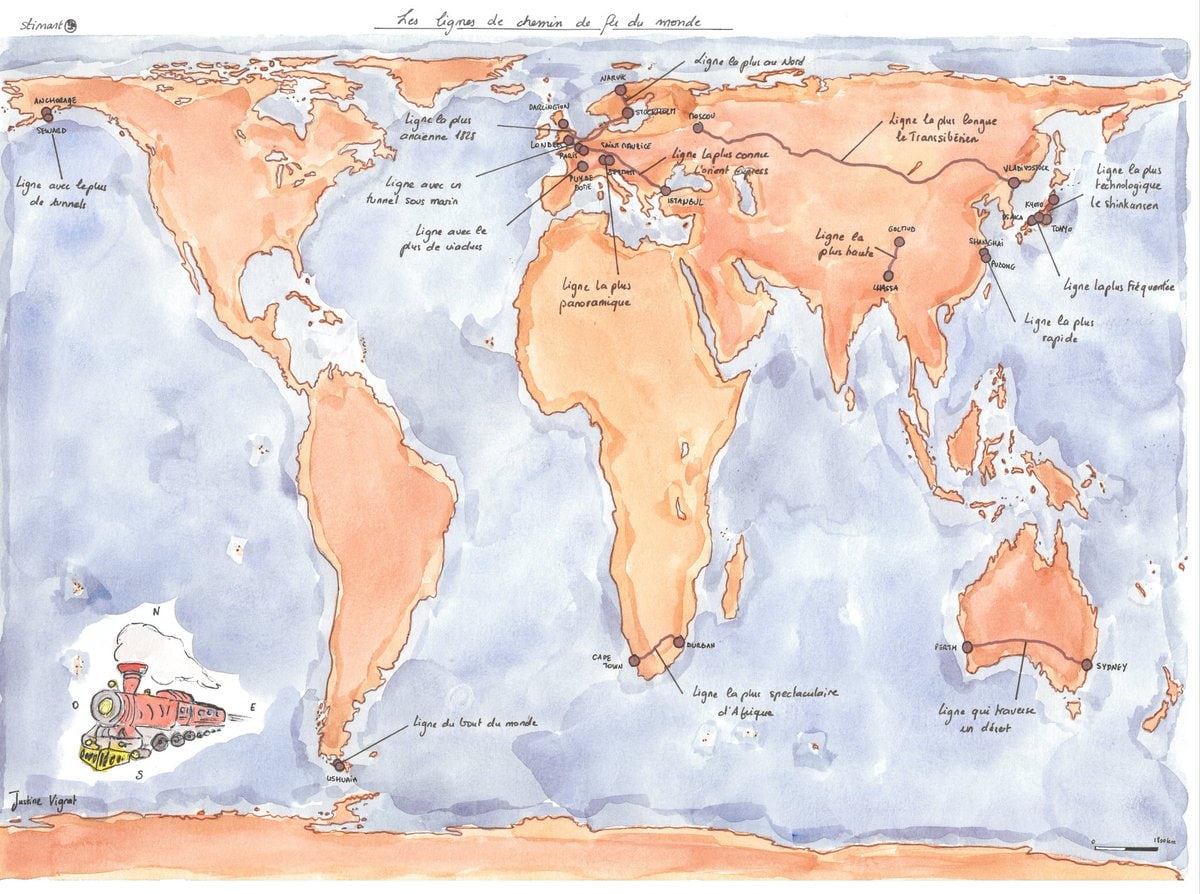 Justine Vignat: "14eme jour du #30DayMapChallenge avec comme thème : #world #map; Les lignes de train les plus longues, les plus rapides, les plus spectaculaire, les plus hautes etc.," [<em>14th day of the #30DayMapChallenge with the theme: #world #map; The longest, fastest, most spectacular, highest etc. train lines in the world!</em>] (<strong><a href="https://x.com/Junevgt/status/1857130778590957845">Tweet</a></strong>)