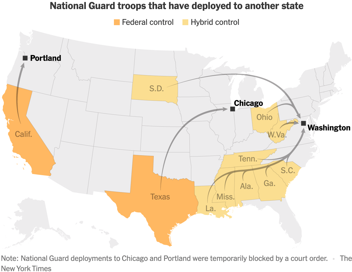 The New York Times: <a href="https://www.nytimes.com/interactive/2025/10/27/us/us-national-guard-deployments.html"><strong>How and Where the National Guard Has Deployed to U.S. Cities</strong></a>, October 27