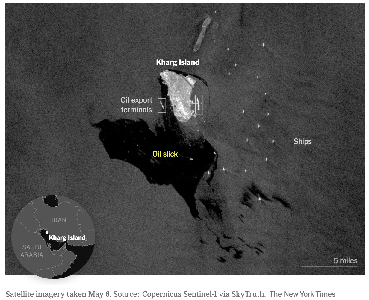 The New York Times: <a href="https://www.nytimes.com/2026/05/08/climate/iran-kharg-oil-spill-hormuz.html?smid=url-share"><strong>A Large Oil Slick Is Detected Off a Key Iranian Oil Depot</strong></a>, May 8