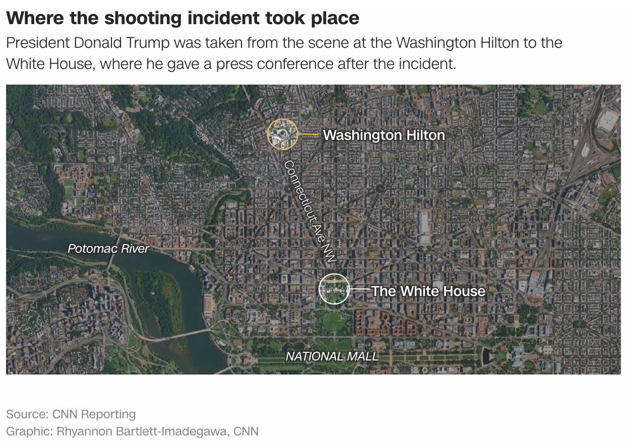 CNN: <a href="https://edition.cnn.com/2026/04/26/politics/map-white-house-correspondents-dinner-trump-vis"><strong>Visualizing the White House Correspondents’ Dinner shooting incident in maps</strong></a>, April 26
