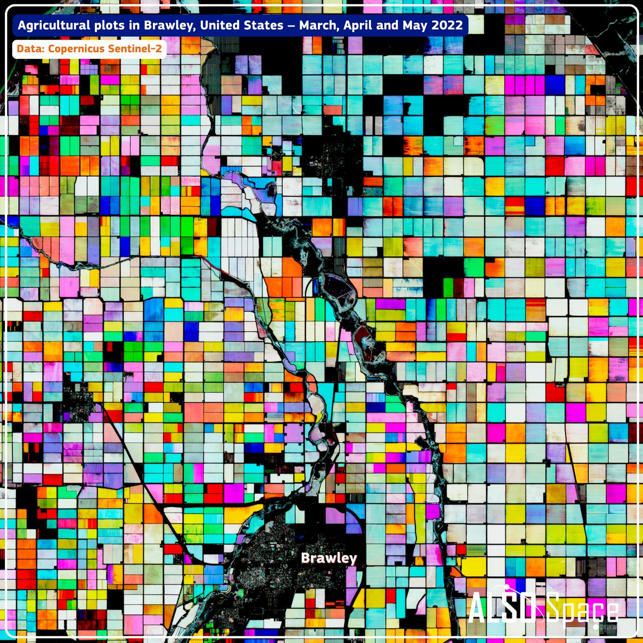 ALSO Space: "Day 3: 'Polygons', Boundaries that no fence can mark, revealed only through data. From space, vegetation itself draws the lines that define our agricultural landscapes.This image shows agricultural plots surrounding the city of Brawley, United States, derived from satellite-based NDVI (Normalised Difference Vegetation Index) time series [...]," November 3 (<a href="https://www.linkedin.com/company/also-space/posts/"><strong>LinkedIn</strong></a>)