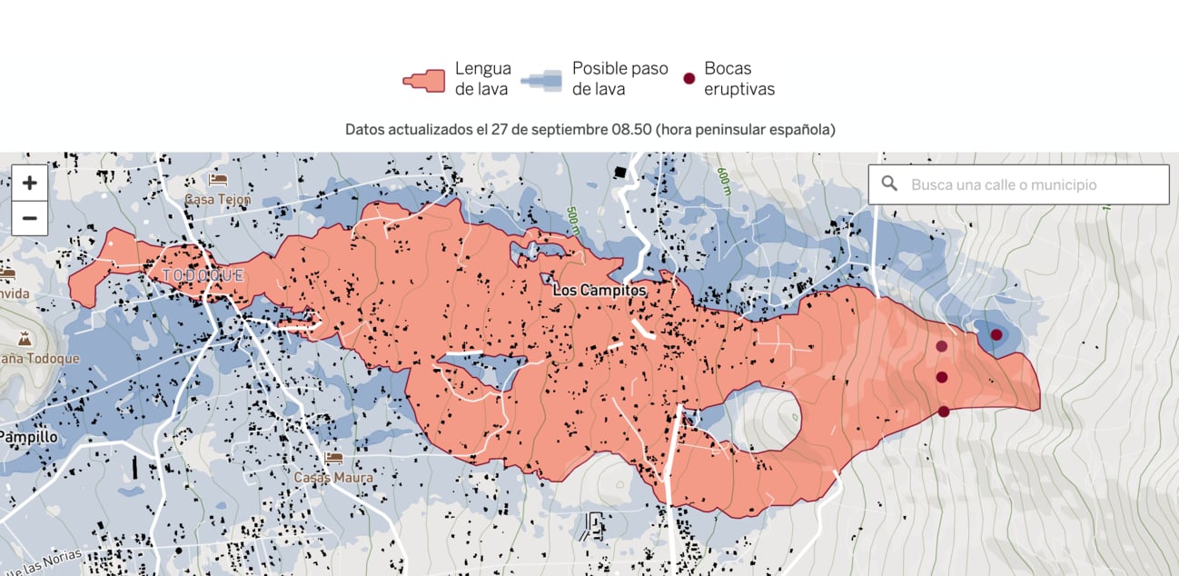 El País: <strong><a href="https://elpais.com/ciencia/2021-09-26/mapa-casa-a-casa-del-avance-del-volcan-de-la-palma-la-lava-alcanza-500-viviendas-y-amenaza-otras-1500.html">Mapa casa a casa del avance del volcán de La Palma: la lava alcanza 740 edificios y amenaza otros 1.500</a></strong>, September 28