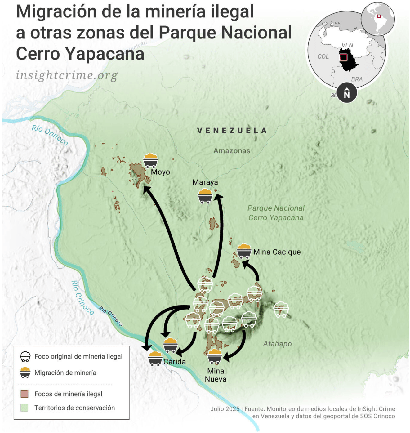 InSight Crime: <a href="https://insightcrime.org/es/noticias/ofensiva-antiminera-desplaza-operaciones-otras-zonas-venezuela/"><strong>La ofensiva antiminera desplaza las operaciones a otras zonas de Venezuela</strong></a><strong> </strong>[<em>Anti-mining offensive shifts operations to other areas of Venezuela</em>], July 25