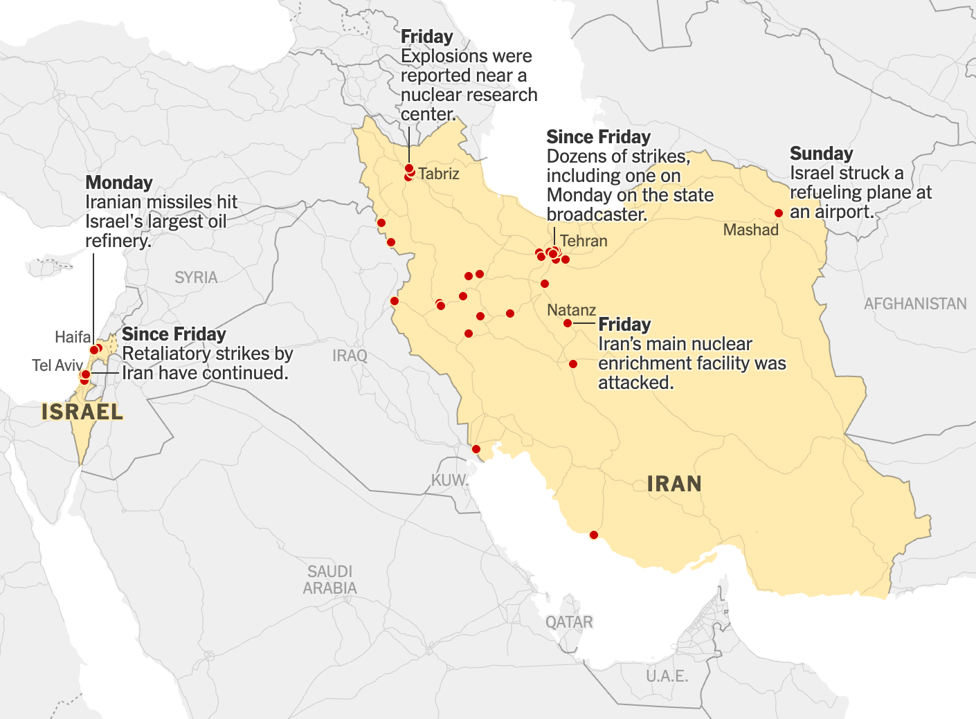 The New York Times: <a href="https://www.nytimes.com/interactive/2025/06/12/world/middleeast/iran-israel-maps.html"><strong>Maps and Photos: The Israel-Iran Conflict</strong></a>, June 16