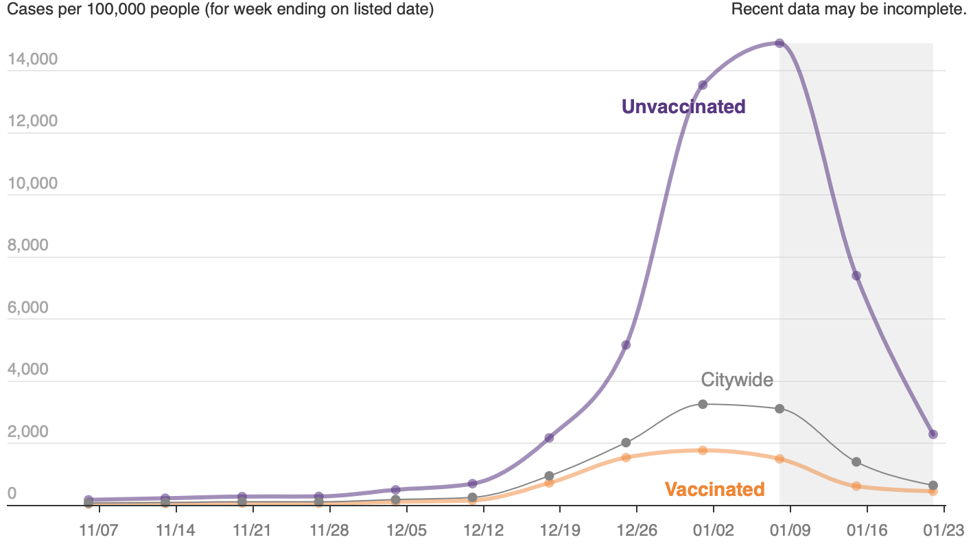 Recent <a href="https://www1.nyc.gov/site/doh/covid/covid-19-data.page#vaccination">COVID case rates</a> in New York City. Simple charts are easy to update as new data comes in.