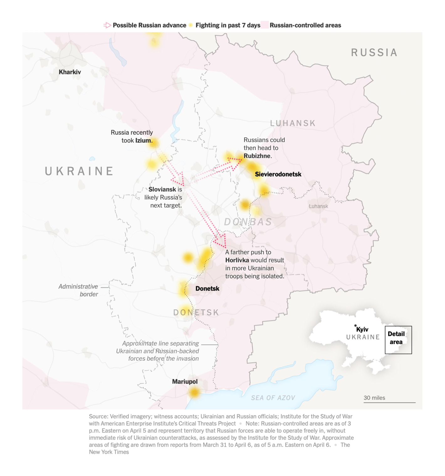 The New York Times: <strong><a href="https://www.nytimes.com/interactive/2022/world/europe/ukraine-maps.html?name=styln-russia-ukraine%C2%AEion=TOP_BANNER&amp;block=storyline_menu_recirc&amp;action=click&amp;pgtype=LegacyCollection&amp;variant=show&amp;is_new=false">How Russia is refocusing for a pivotal struggle in eastern Ukraine</a></strong>, April 6