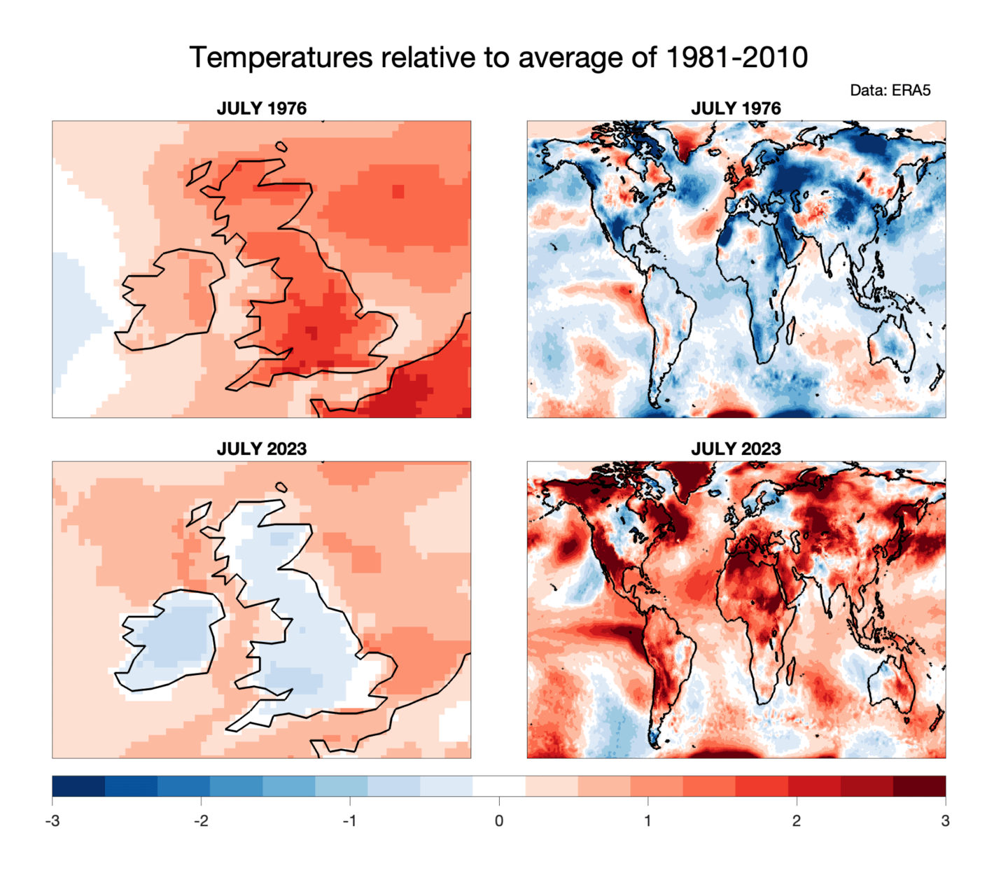 Ed Hawkins: "Remember: whatever small part of the planet you inhabit, it is not representative of the whole globe.  Red = warmer than 1981-2010 average. Blue = cooler than 1981-2010 average. Data: ERA5," August 17 (<strong><a href="https://twitter.com/ed_hawkins/status/1692147040195625394">Tweet</a></strong>)
