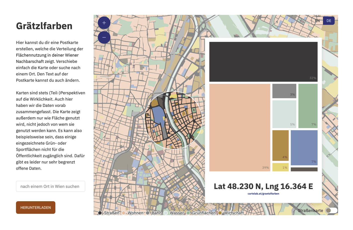 Florian Ledermann: "Explore the distribution of land use in #Vienna with our new Grätzlfarben web map: It is based on the "Kiezcolors" project from ODIS Berlin, which we adapted for Vienna. We also made the code a bit more easily re-usable, so creating your own local Grätzlfarben/Kiezcolors may not be that far off! [...] Main credits go to my colleague Ester Scheck who led this project," August 22 (<strong><a href="https://mastodon.social/@floledermann@mapstodon.space/113006094011579325">Mastodon Post</a></strong>, <strong><a href="https://cartolab.at/graetzlfarben/#13/48.20996/16.3704">Grätzlfarben</a></strong>)