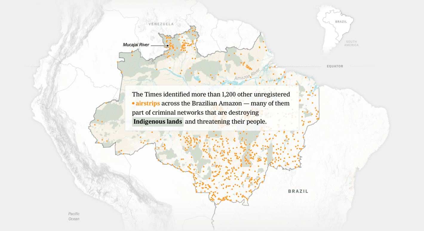 The New York Times: <a href="https://www.nytimes.com/interactive/2022/08/02/world/americas/brazil-airstrips-illegal-mining.html?utm_content=buffered404&amp;utm_medium=social&amp;utm_source=twitter.com&amp;utm_campaign=buffer"><strong>The Illegal Airstrips Bringing Toxic Mining to Brazil’s Indigenous Land</strong></a>, August 2