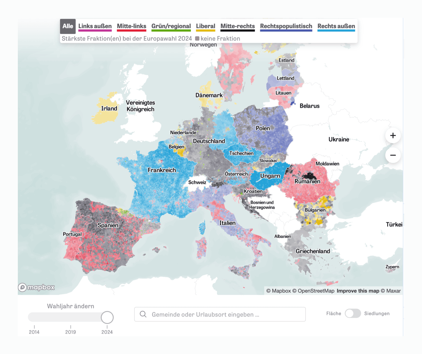 Zeit Online:&nbsp;<strong><a href="https://www.zeit.de/politik/ausland/2024-07/europawahl-2024-ergebnisse-gemeinden-laender-karte?freebie=57841c29" target="_blank" rel="noreferrer noopener">Erkunden Sie die detaillierteste Wahlkarte Europas</a></strong>&nbsp;[<em>Explore Europe’s most detailed electoral map</em>], July 18