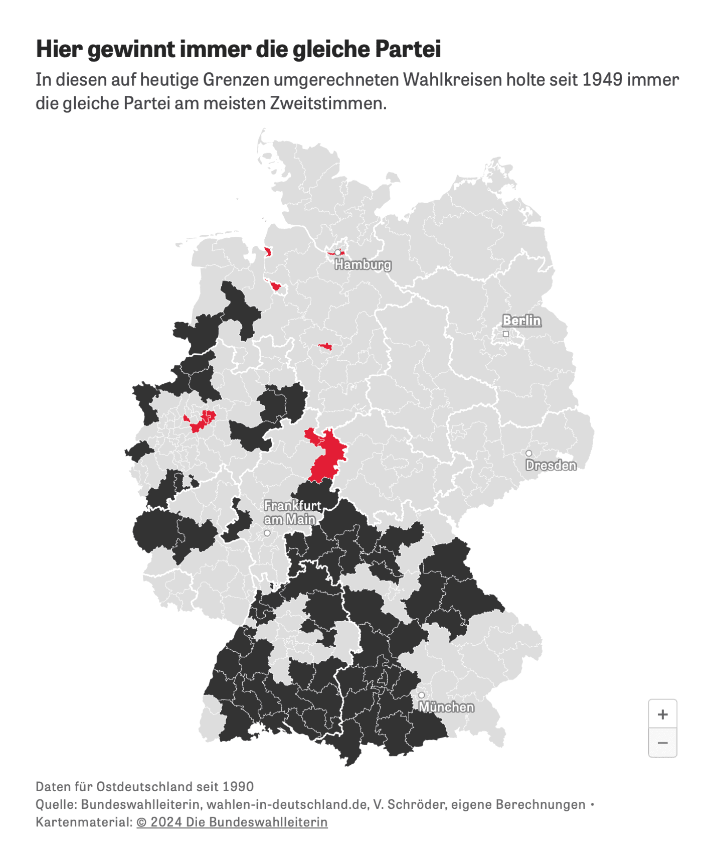 Zeit Online: <strong><a href="https://www.zeit.de/politik/deutschland/2025-02/historische-bundestagswahlergebnisse-wahlkreise-1949?freebie=90ebbaa3">So hat Ihr Wahlkreis seit 1949 gewählt</a></strong> [<em>Chart description: In these constituencies converted to today's boundaries, the same party has always won the most second votes since 1949</em>], February 12
