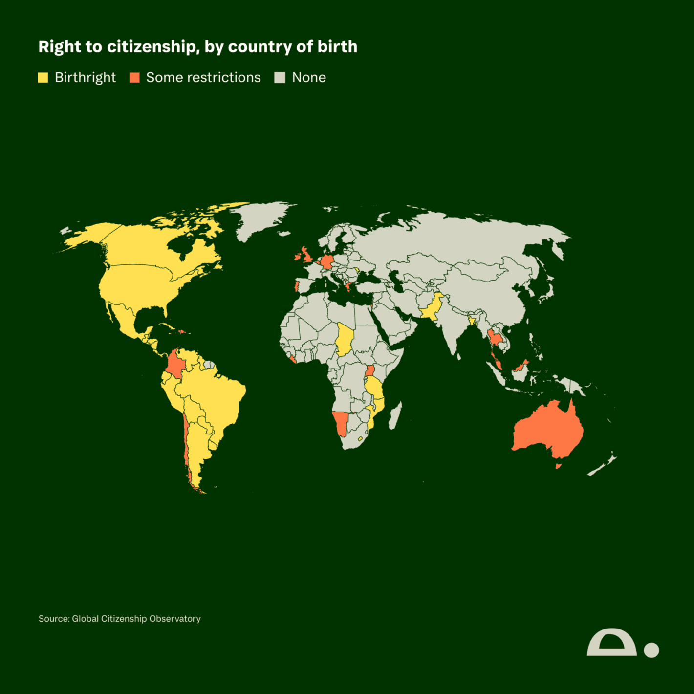 Bex Sander: "Chart of the week for @tortoisemedia.bsky.social inspired by the battle in the US over birthright citizenship, which made me wonder how prolific this right is. The answer: not very," February 17 (<strong><a href="https://bsky.app/profile/chefboibex.bsky.social/post/3lieosdp6hk2o">Bluesky</a></strong>)