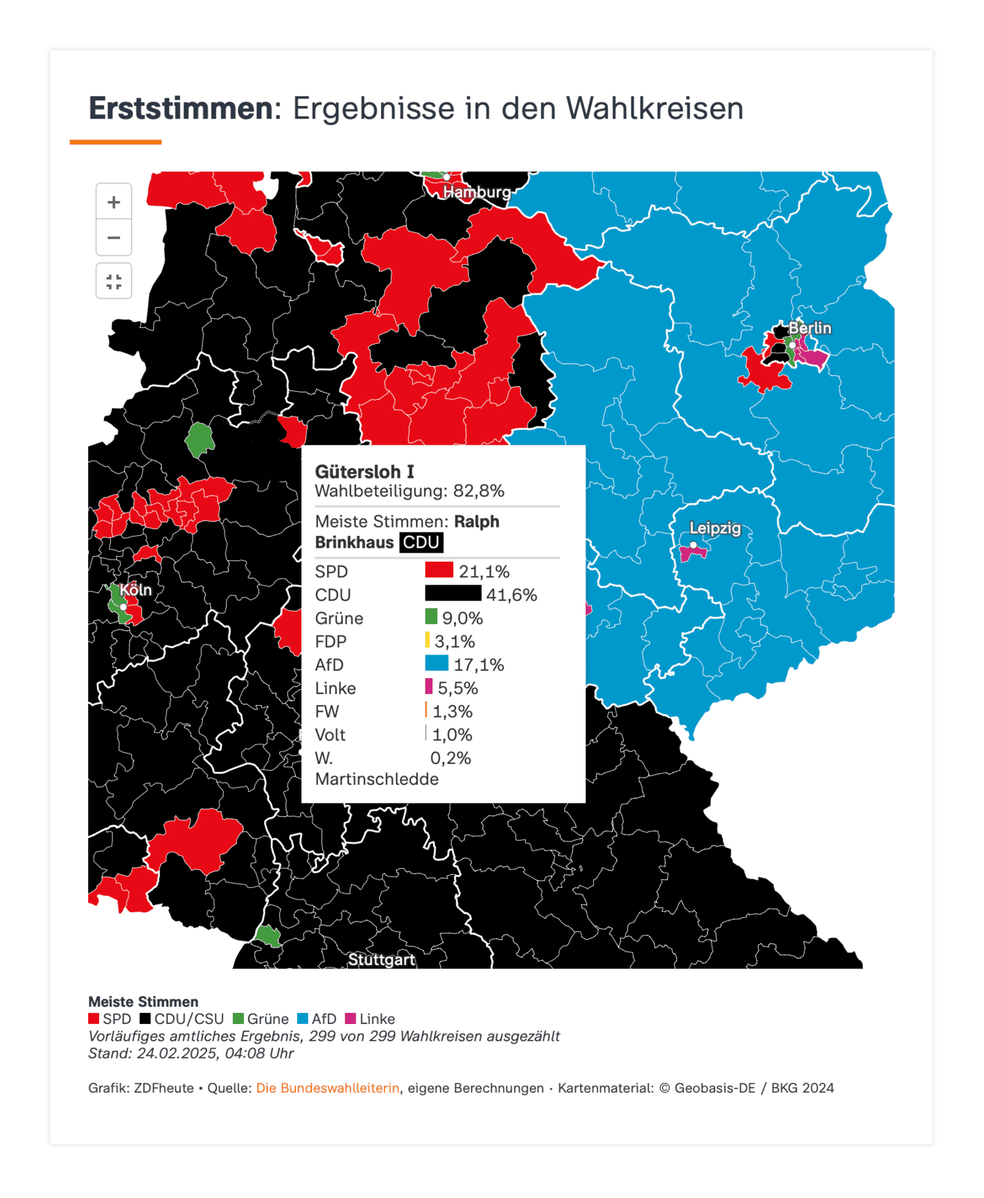 zdfheute: <strong><a href="https://www.zdf.de/nachrichten/politik/deutschland/bundestagswahl-2025-ergebnis-deutschland-100.html">So haben die Wahlkreise gestimmt</a></strong> [<em>Chart title: Direct votes: results in the constituencies</em>], February 24