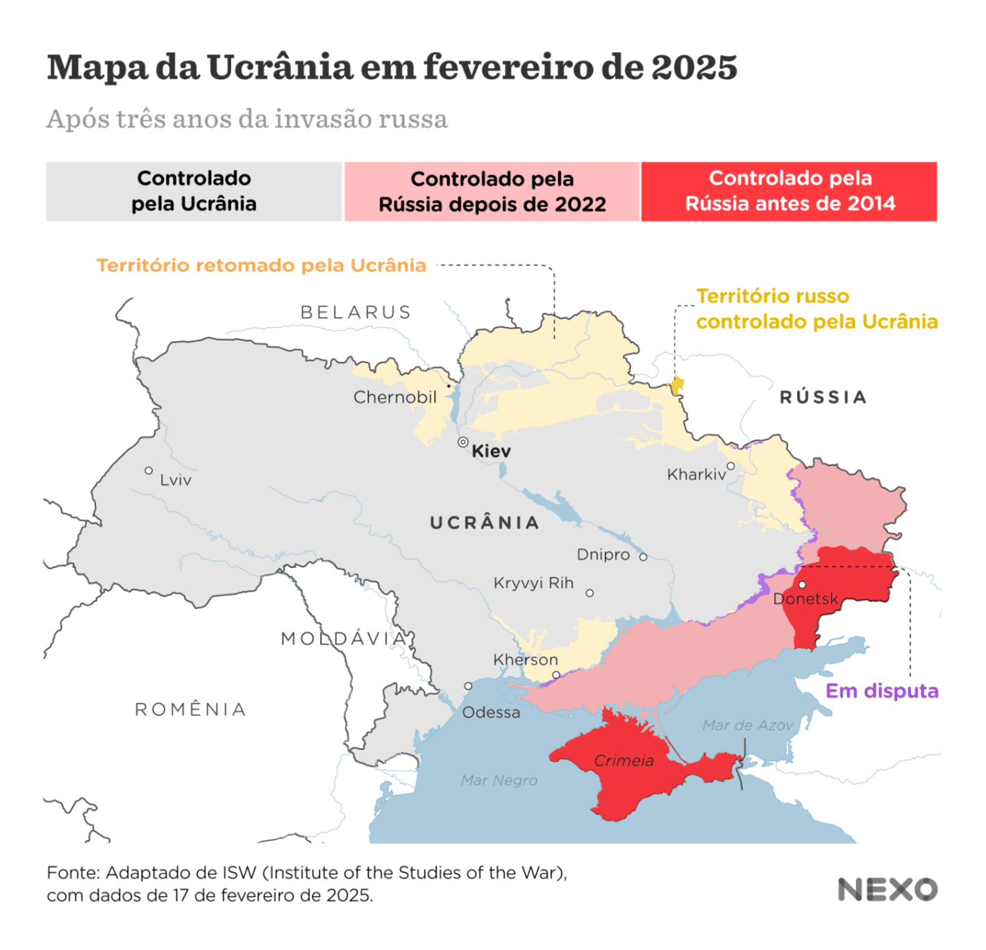 Nexo Jornal: <strong><a href="https://www.nexojornal.com.br/grafico/2025/02/20/guerra-na-ucrania-territorios-conquistados-russia">O território ucraniano tomado pela Rússia em 3 anos de guerra</a></strong> [<em>The Ukrainian territory taken by Russia in 3 years of war</em>], February 20