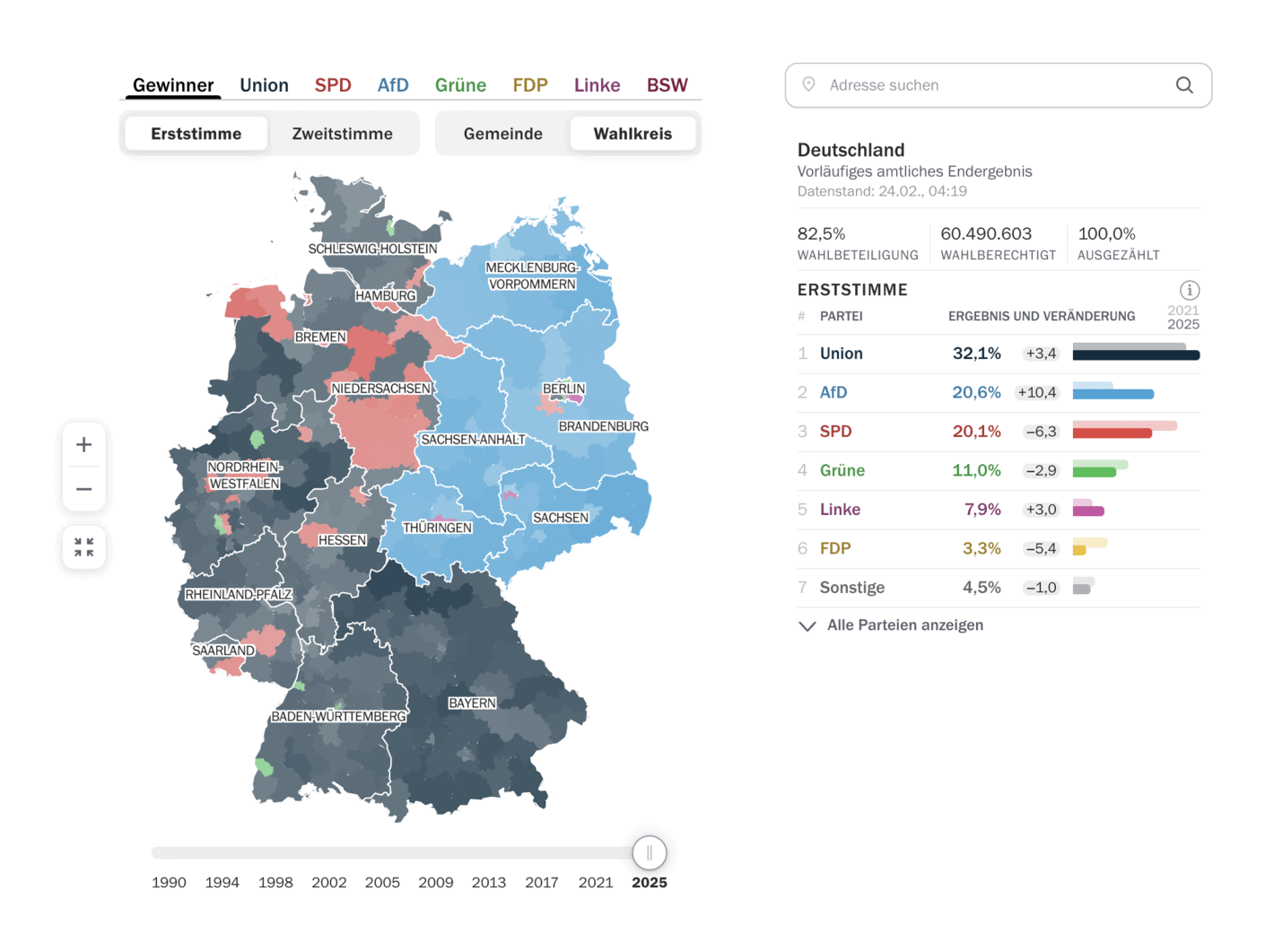 Tagesspiegel: <strong><a href="https://interaktiv.tagesspiegel.de/lab/bundestagswahl-2025-wahlergebnisse-karten-nach-wahlkreisen-gemeinden-und-historisch/">Bundestagswahl 2025: Alle Wahlergebnisse in Deutschland auf einer Karte</a></strong> [<em>Federal election 2025: All election results in Germany on a map</em>], February 24