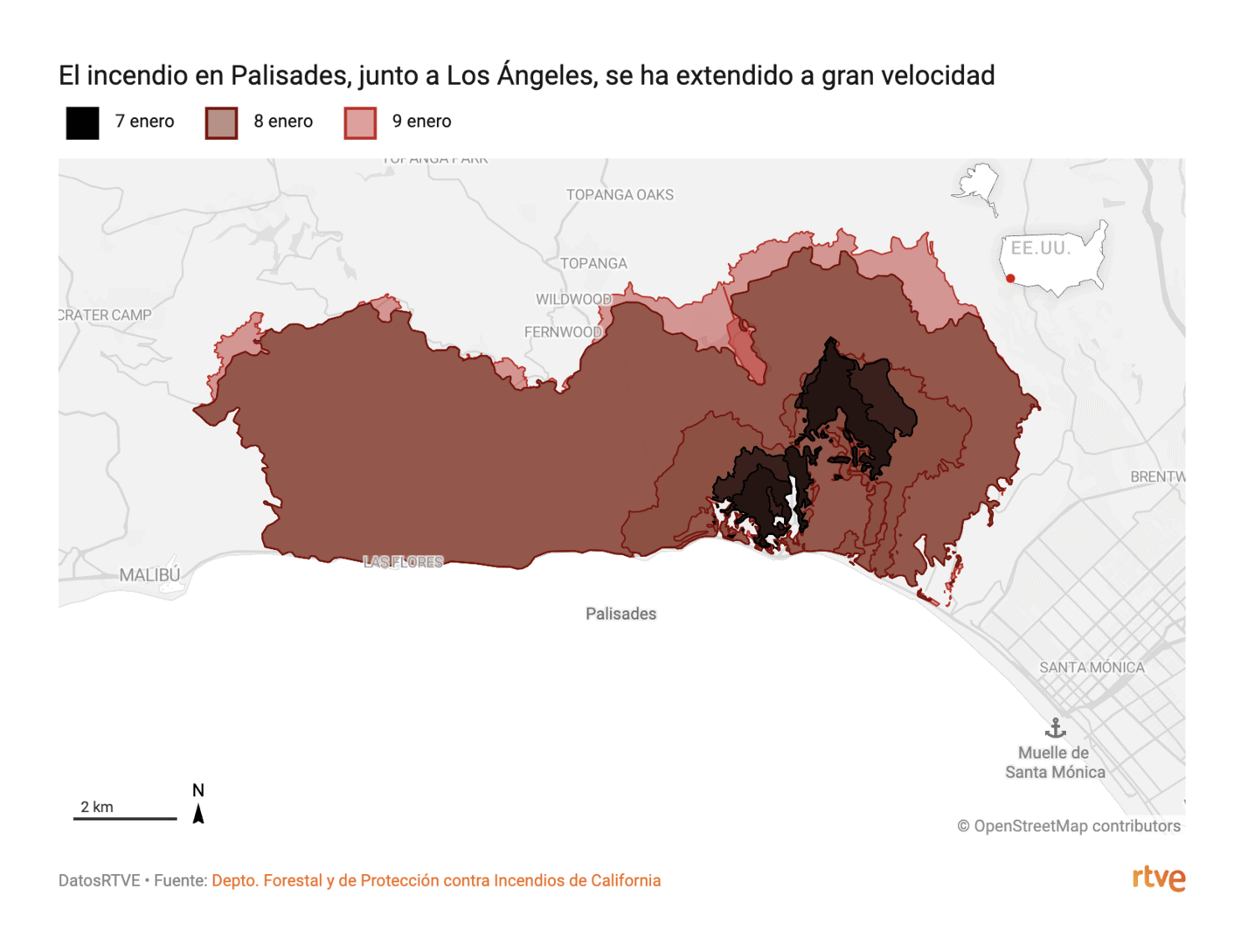 Radio Televisión Española: <a href="https://www.rtve.es/noticias/20250109/sube-a-cinco-numero-muertos-uno-incendios-azotan-angeles/16399653.shtml"><strong>Los incendios que azotan Los Ángeles dejan cinco muertos y más de 100.000 evacuados</strong></a> [<em>Chart title: Fire in Palisades, near Los Angeles, has spread at high speed</em>], January 9