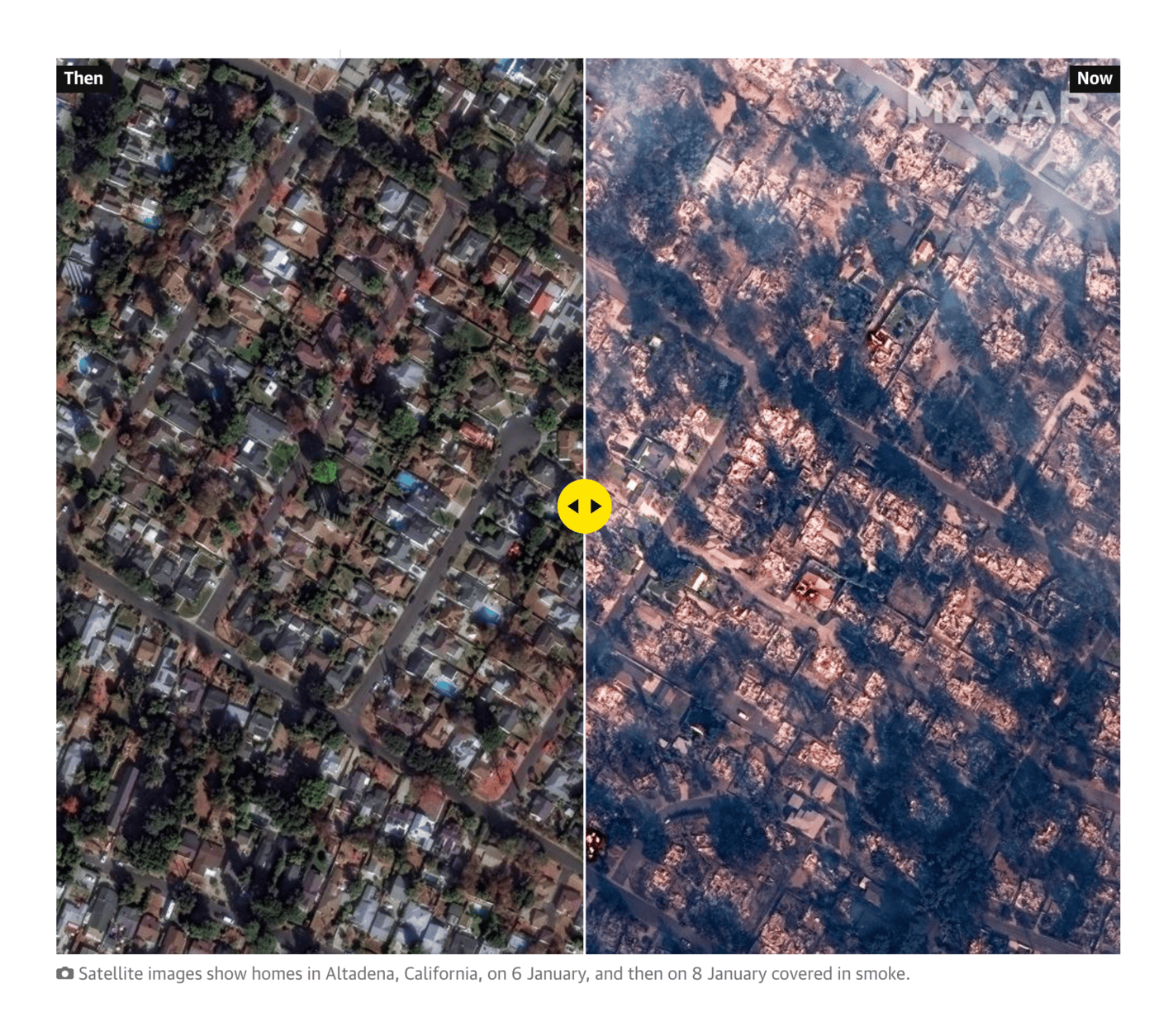 The Guardian: <strong><a href="https://www.theguardian.com/us-news/2025/jan/09/la-fires-before-and-after-photos-california-wildfires-satellite-pictures-images">Before and after satellite images of California fires show devastation</a></strong>, January 10