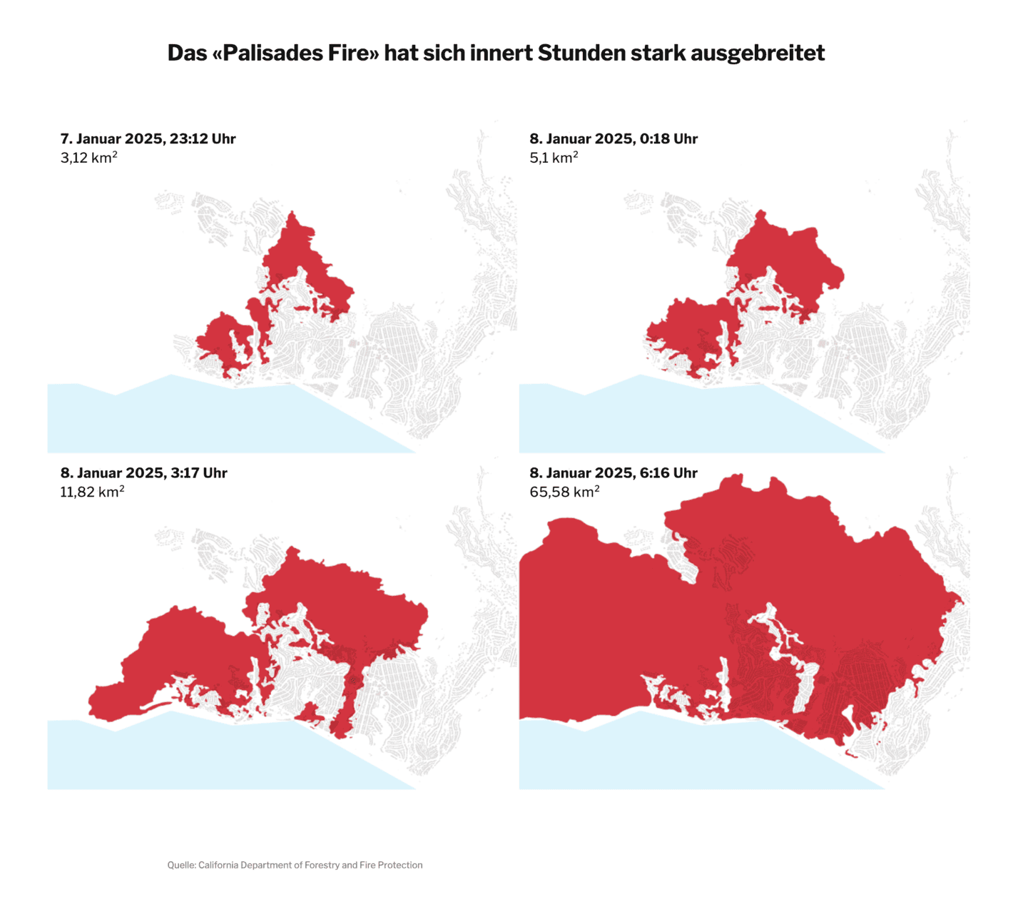 Tages-Anzeiger: <strong><a href="https://www.tagesanzeiger.ch/feuer-in-los-angeles-karten-und-satellitenbilder-zeigen-das-ausmass-904556942809">Die Flammen­hölle von Los&nbsp;Angeles</a></strong> [<em>Chart title: The “Palisades Fire” spread rapidly within hours</em>], January 10
