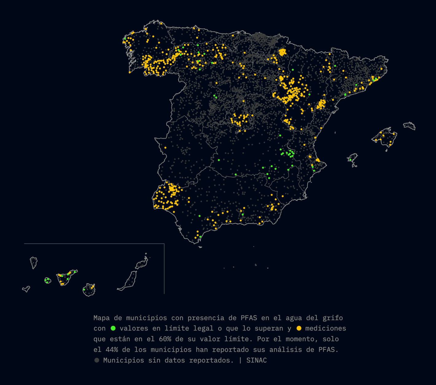 DataDista: Alerta pfas: <strong><a href="https://especiales.datadista.com/medioambiente/alerta-pfas-papeles-secretos-contaminacion-quimica/">70 años de engaños de la industria química que ya han llegado al grifo y a 270° tu sangre</a></strong> [<em>Chart description: Map of municipalities with the presence of PFAS in tap water with values at or above the legal limit and (green) o measurements that are at 60% of their limit value (orange). At the moment, only 44% of municipalities have reported their PFAS analyses</em>], January 14