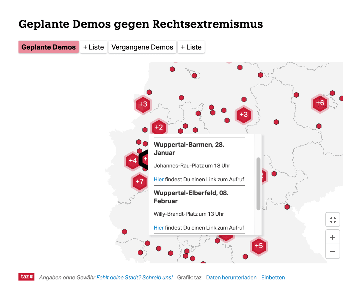 taz: <strong><a href="https://taz.de/Lichtermeer-gegen-Rechtsruck/!6060166/">Die Demos gegen rechts sind zurück</a></strong> [<em>Chart title:</em> <em>Planned demonstrations against right-wing extremism</em>], January 22