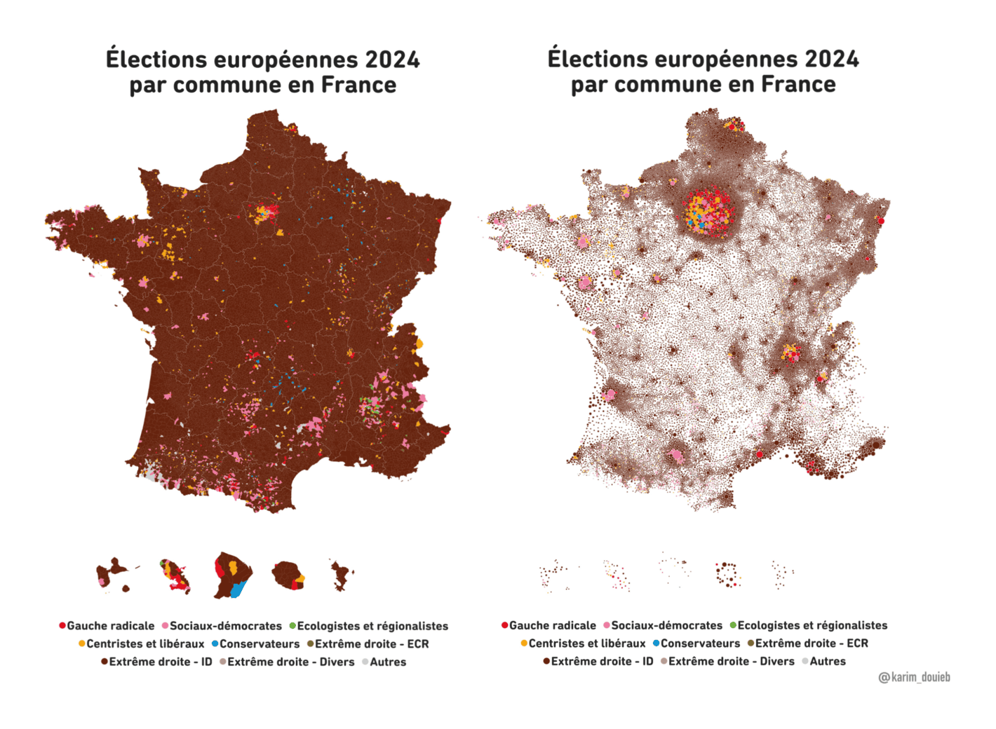 Karim Douïeb: "Land doesn't vote, people do! French edition. Each municipality was transformed into a dot, with the area of the dot proportional to the number of voters, a more accurate representation of voting patterns. Nonetheless, right-wing support remains concerning," June 12 (<strong><a href="https://x.com/karim_douieb/status/1800777148871188766">Tweet</a></strong>)