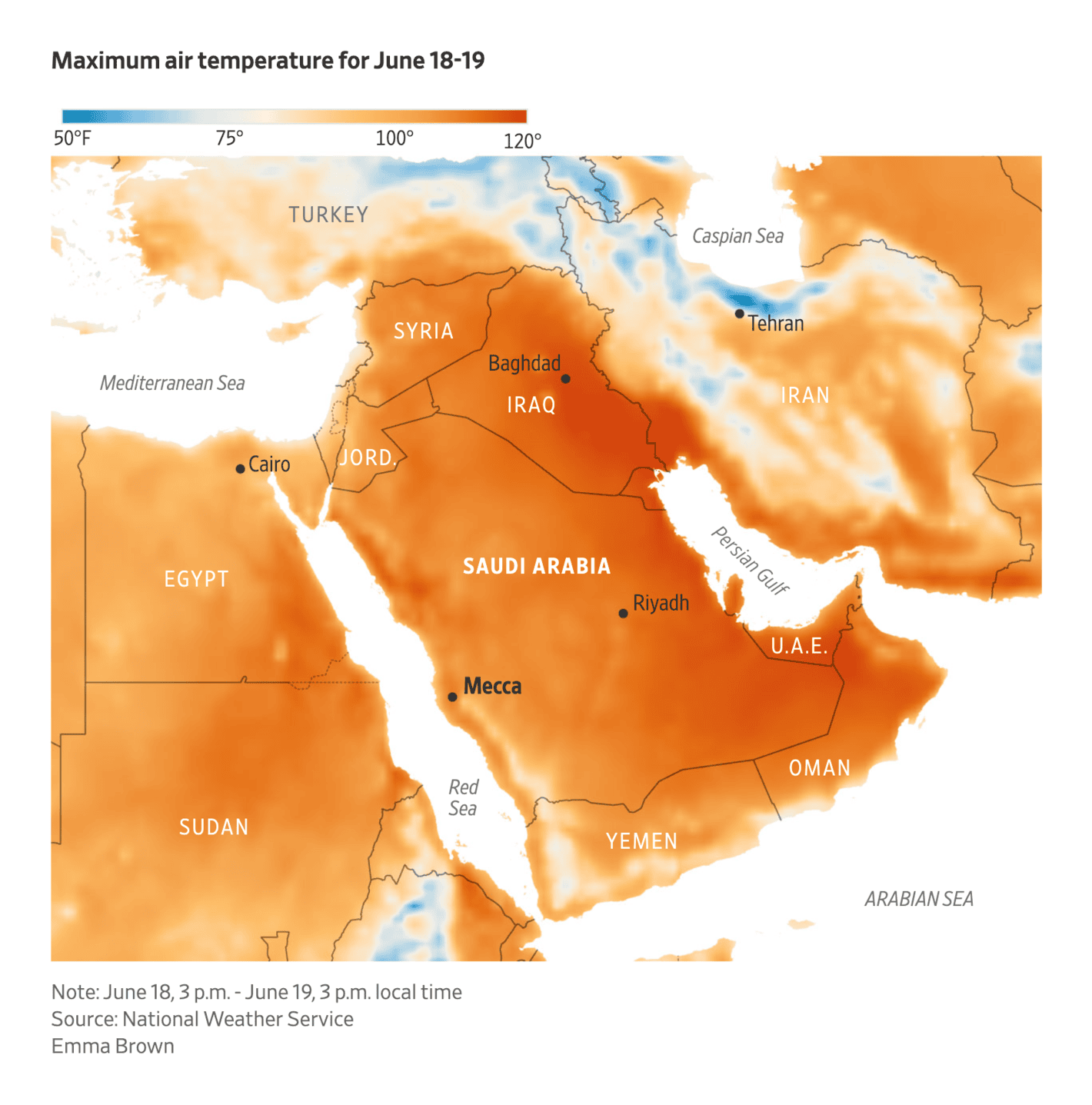 The Wall Street Journal: <strong><a href="https://www.wsj.com/world/middle-east/scorching-heat-ravages-hajj-as-more-than-1-000-pilgrims-die-d175a311?mod=e2twg">Scorching Heat Ravages Hajj as More Than 1,170 Pilgrims Die</a></strong>, June 21