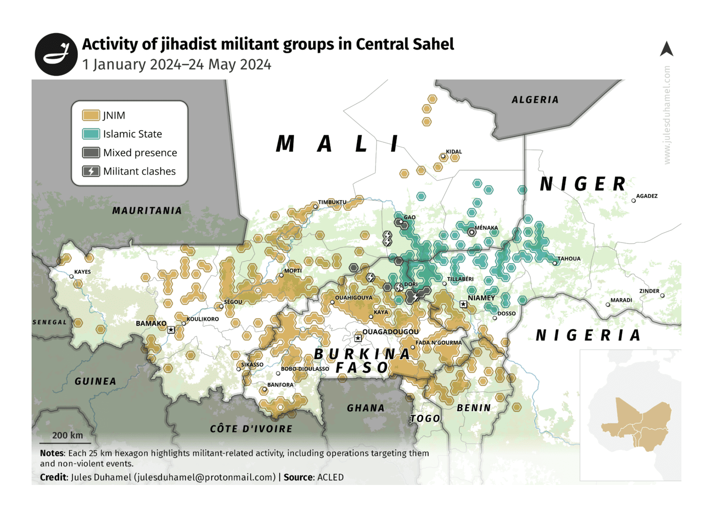 Jules Duhamel: <strong><a href="https://www.julesduhamel.com/central-sahel-map-of-jihadist-militant-groups-activity-jan-may-2024/">Central Sahel – Map of jihadist militant groups activity (Jan–May 2024)</a></strong>, June 21