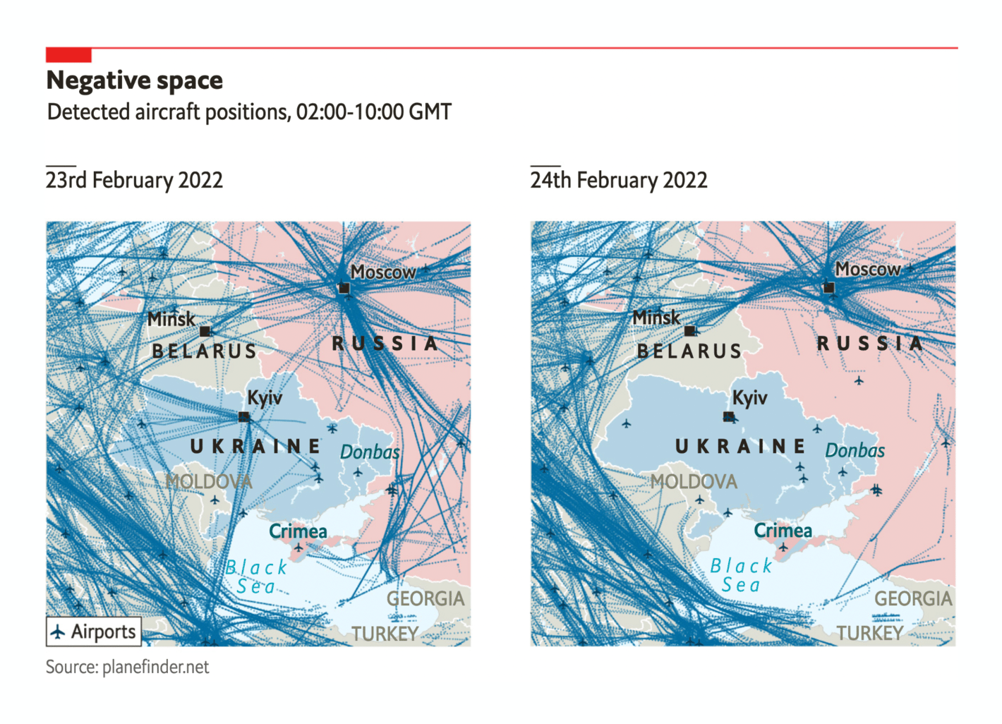The Economist: <strong><a href="https://www.economist.com/graphic-detail/2022/02/24/active-conflict-zone-flights-over-ukraine-diverted">“Active conflict zone”: flights over Ukraine diverted</a></strong>, February 24