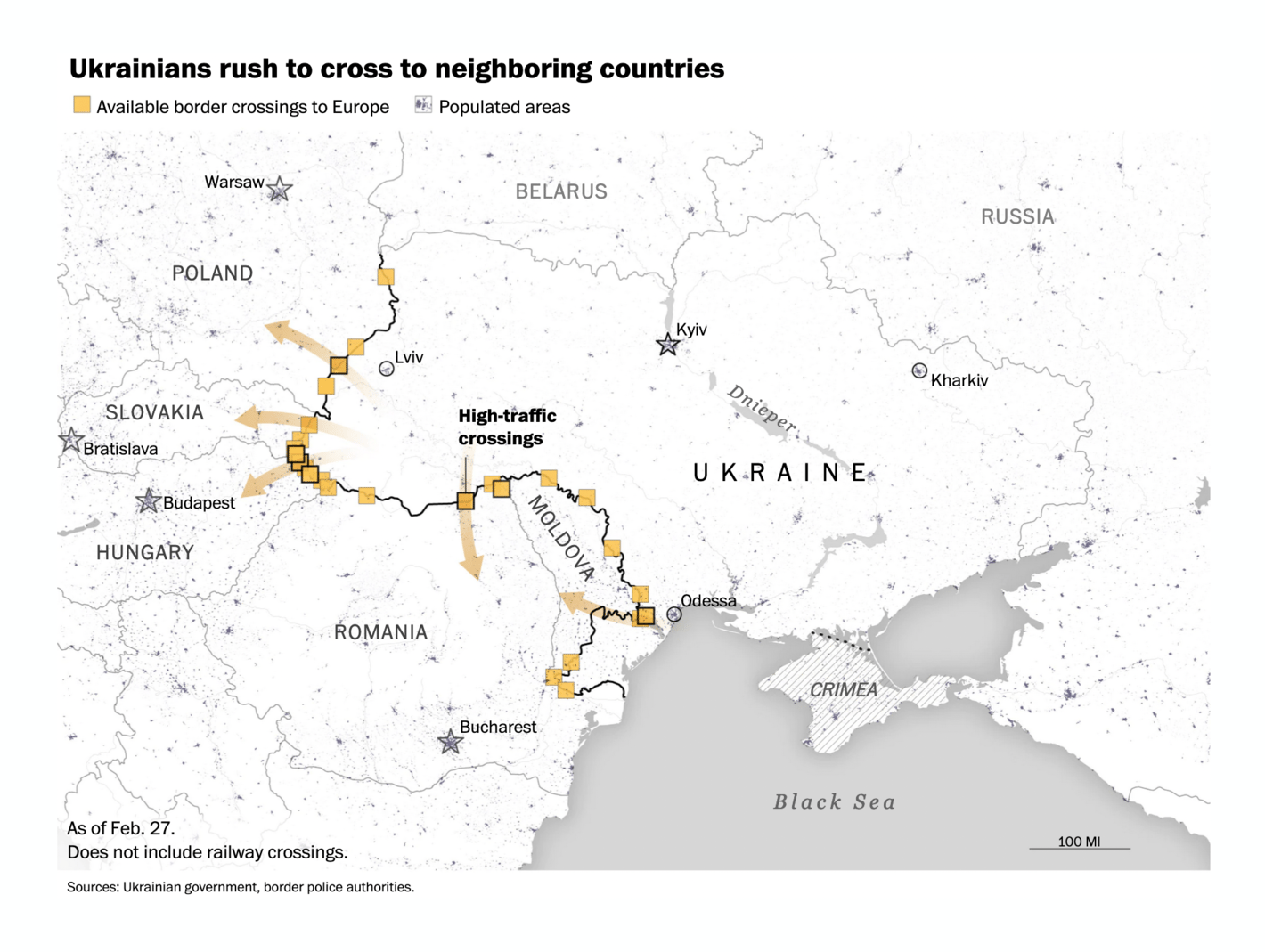 The Washington Post: <strong><a href="https://www.washingtonpost.com/world/2022/02/27/ukraine-refugees-photos-videos/?utm_campaign=wp_graphics&amp;utm_medium=social&amp;utm_source=twitter">Photos and videos show long waits, traffic jams at border crossings as thousands try to leave Ukraine</a></strong>, February 28