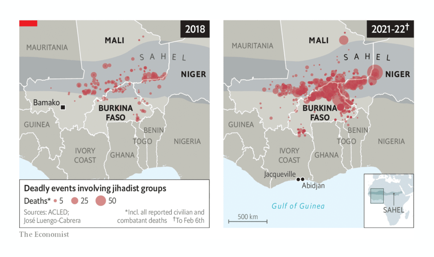 The Economist: <strong><a href="https://www.economist.com/middle-east-and-africa/2022/02/24/west-africas-coastal-states-are-bracing-for-a-jihadist-storm">West Africa’s coastal states are bracing for a jihadist storm</a></strong>, February 26
