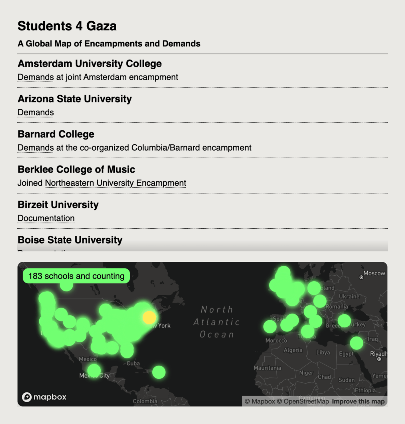 Prof. Thrasher is with our students: "Good evening. This morning, there were 168 Gaza Solidarity Encampments at colleges [...]" May 8 (<strong><a href="https://twitter.com/thrasherxy/status/1788005179964411924">Tweet</a></strong>, <strong><a href="https://students4gaza.directory/">Map</a></strong>)