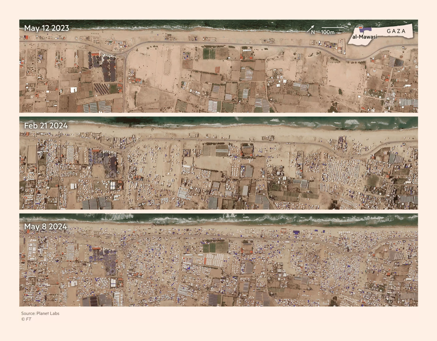 Financial Times: <strong><a href="https://www.ft.com/content/07202a13-08fd-4a27-b612-50927561b4c5">Satellite images show Gazans forced to cram into Al-Mawasi tent city</a></strong>, May 15