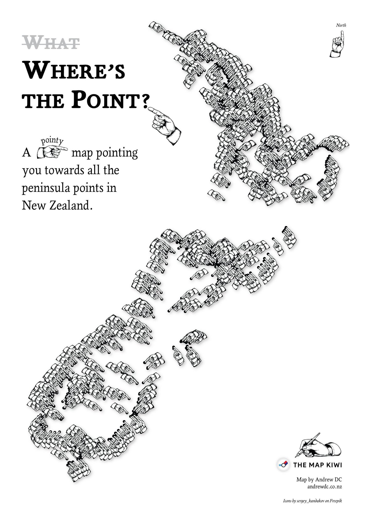 Andrew Douglas-Clifford: "Day 1 of #30DayMapChallenge - Points. A 👉 map pointing you to all the peninsula points in New Zealand," October 31 (<a href="https://twitter.com/andrewdc_nz/status/1587195205534371841"><strong>Tweet</strong></a>)