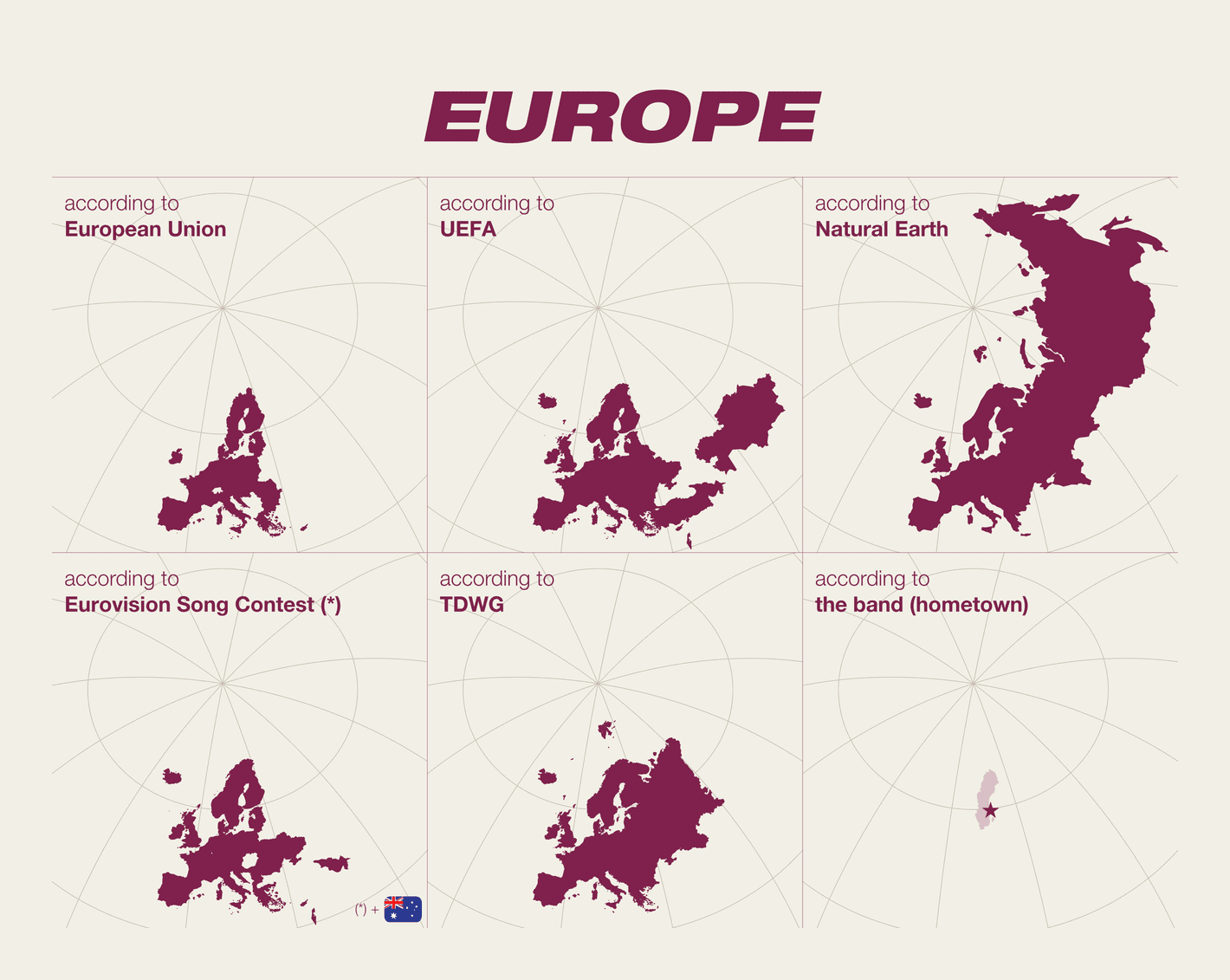 Britt Lonneville: “#30DayMapChallenge - day 14: Europe As one of my favourite profs at uni taught his puzzled freshmen: "Europe does not exist" (because there is no conclusive definition for it)  So today let's look at some official and less official interpretations of what Europe is (not),” November 14 (<a href="https://twitter.com/BrittLonneville/status/1724233041839611950/photo/1"><strong>Tweet</strong></a>)