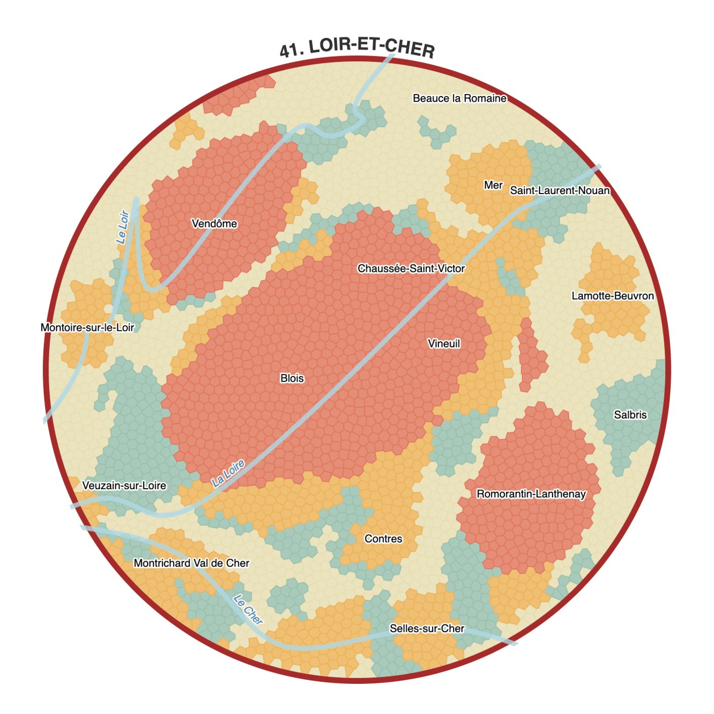 Fil: "Day 16. Urban/Rural. An isodemographic map of Loir-et-Cher (330,000 inhabitants = 3300 cells x 100 persons). Introducing a new algo for cartograms — possibly the first use of #OptimalTransport in #cartography," November 15 (<a href="https://twitter.com/recifs/status/1460365274947985412/photo/1"><strong>Tweet</strong></a>)
