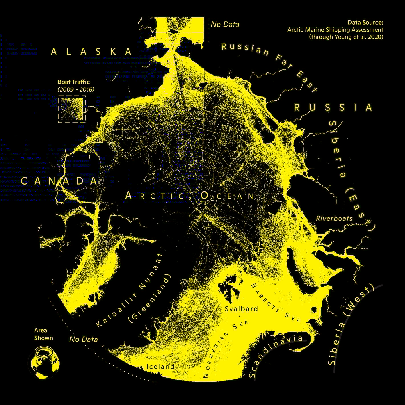 Carl Churchill: "This is my favorite day of the challenge, and believe it or not this entire map is 1 dataset, and 1 color. Simply by tracking <a href="https://twitter.com/hashtag/Arctic?src=hashtag_click">#Arctic</a> shipping, we can see the outlines of continents and islands," November 9 (<a href="https://twitter.com/Cchurchili/status/1458075190722707459/photo/1"><strong>Tweet</strong></a>)