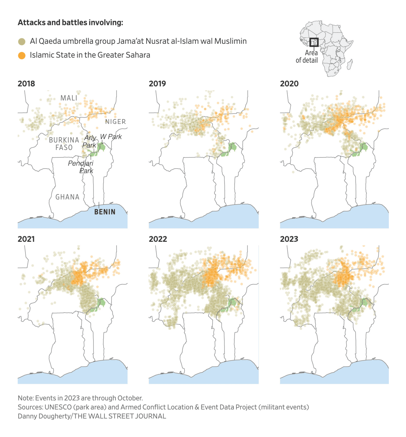 The Wall Street Journal: <strong><a href="https://www.wsj.com/world/africa/militants-attack-from-africa-national-parks-2f6865cf?mod=e2twg">Militants Take Cover Amid Elephants, Lions in West Africa’s National Parks</a></strong>, November 19