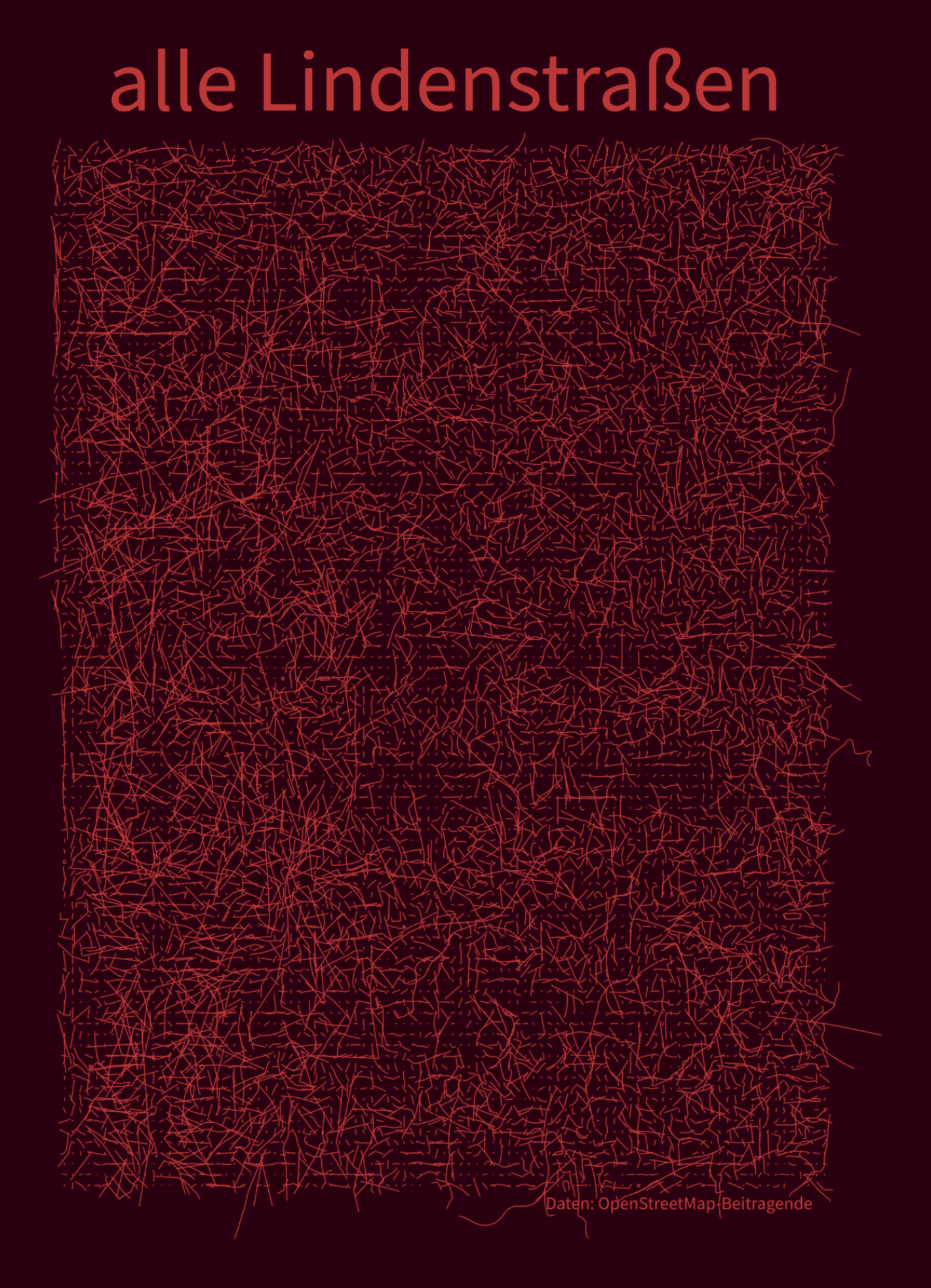 koriander: "Every Lindenstraße in Germany. The image includes all ways of OpenStreetMap within Germany that have the tag name = Lindenstraße. As of today, they number 9,259 [...]," November 23 (<a href="https://en.osm.town/@koriander/113529613040260508"><strong>Mastodon</strong></a>)