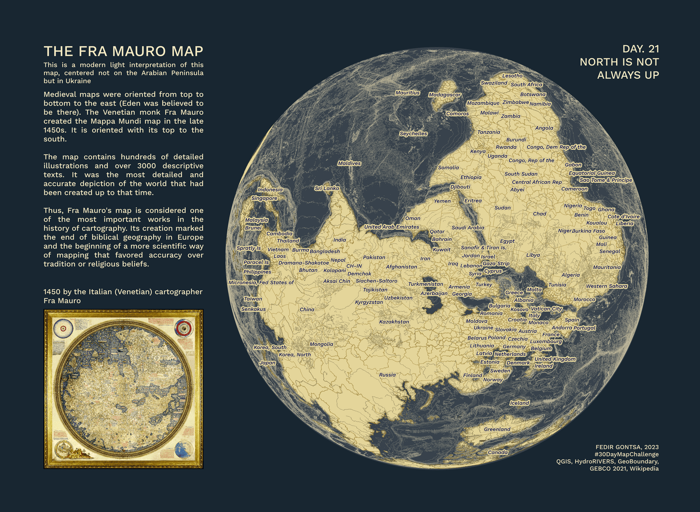 Gontsa: "Day 22: North is not always up. #30DayMapChallenge The Fra Mauro map. This is a modern light interpretation of this map, centered not on the Arabian Peninsula but in Ukraine," November 23 (<strong><a href="https://mastodon.social/@gontsa/111457044395564382">Mastodon</a></strong>)