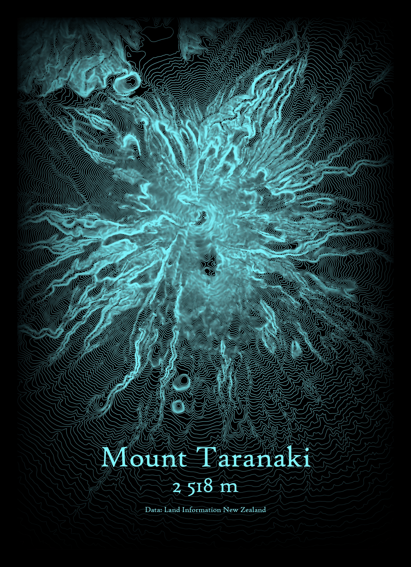 Petra Ďuriančíková: "#30DayMapChallenge Day 26: Minimal Mount Taranaki, New Zealand as contours. Made with QGIS and Photoshop, DEM from @LINZLDS," November 26 (<strong><a href="https://twitter.com/PetraDuriancik/status/1728751311427154431">Tweet</a></strong>)